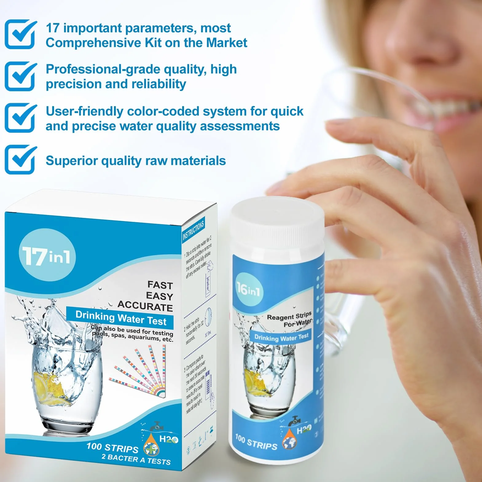 Zestaw pasków testowych do wody pitnej 17 w 1 (100 pasków), test pH, twardość, chlor, fluor
