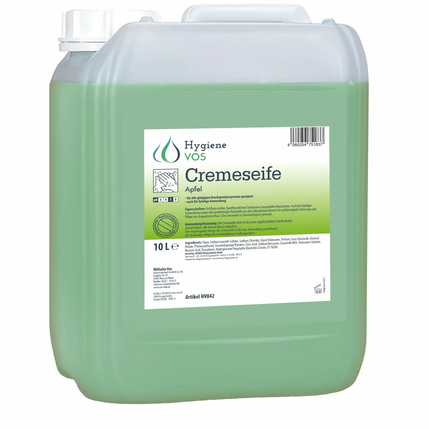Hygiene VOS Mydło kremowe jabłko 10 litrów łagodny balsam do mycia krem do mydła do wszystkich powszechnie stosowanych systemów dozowników ciśnieniowych i dozowników mydła