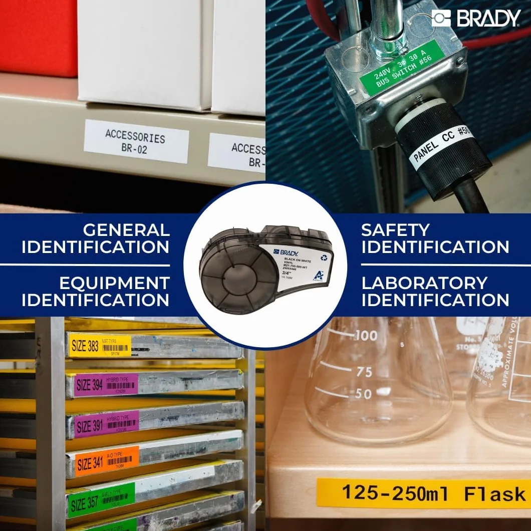 Brady Taśma do Drukarek Etykiet M410 M510 M511 Samoprzylepne Etykiety Przemysłowe Czarny na Białym 25,4 mm x 7,62 m M4C-1000-595-WT-BK