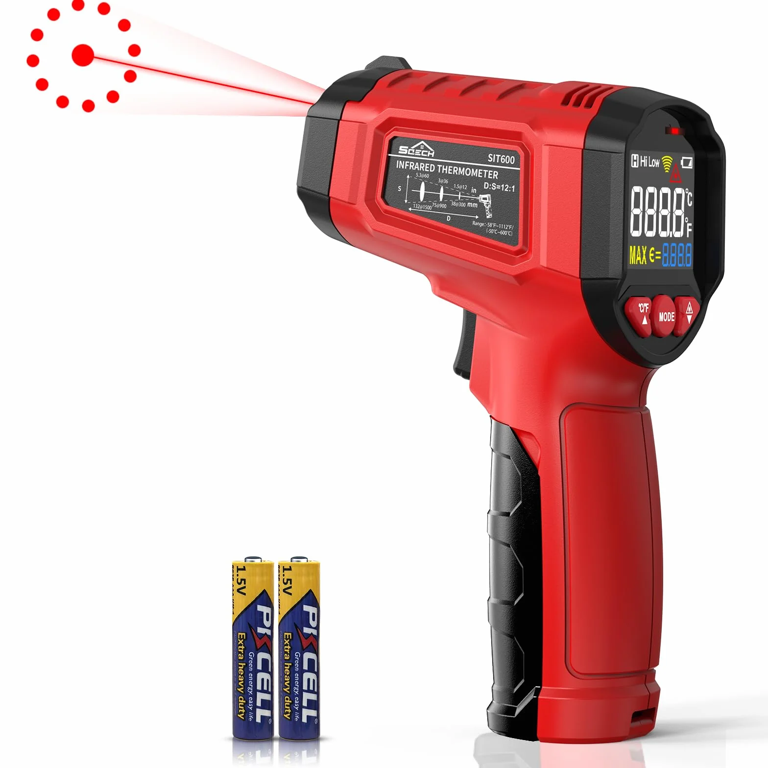 Termometr na Podczerwień SQECH Laserowy -50℃ ~ 600℃ Regulowaną Emisyjnością Kolorowym Podświetleniem Czerwony