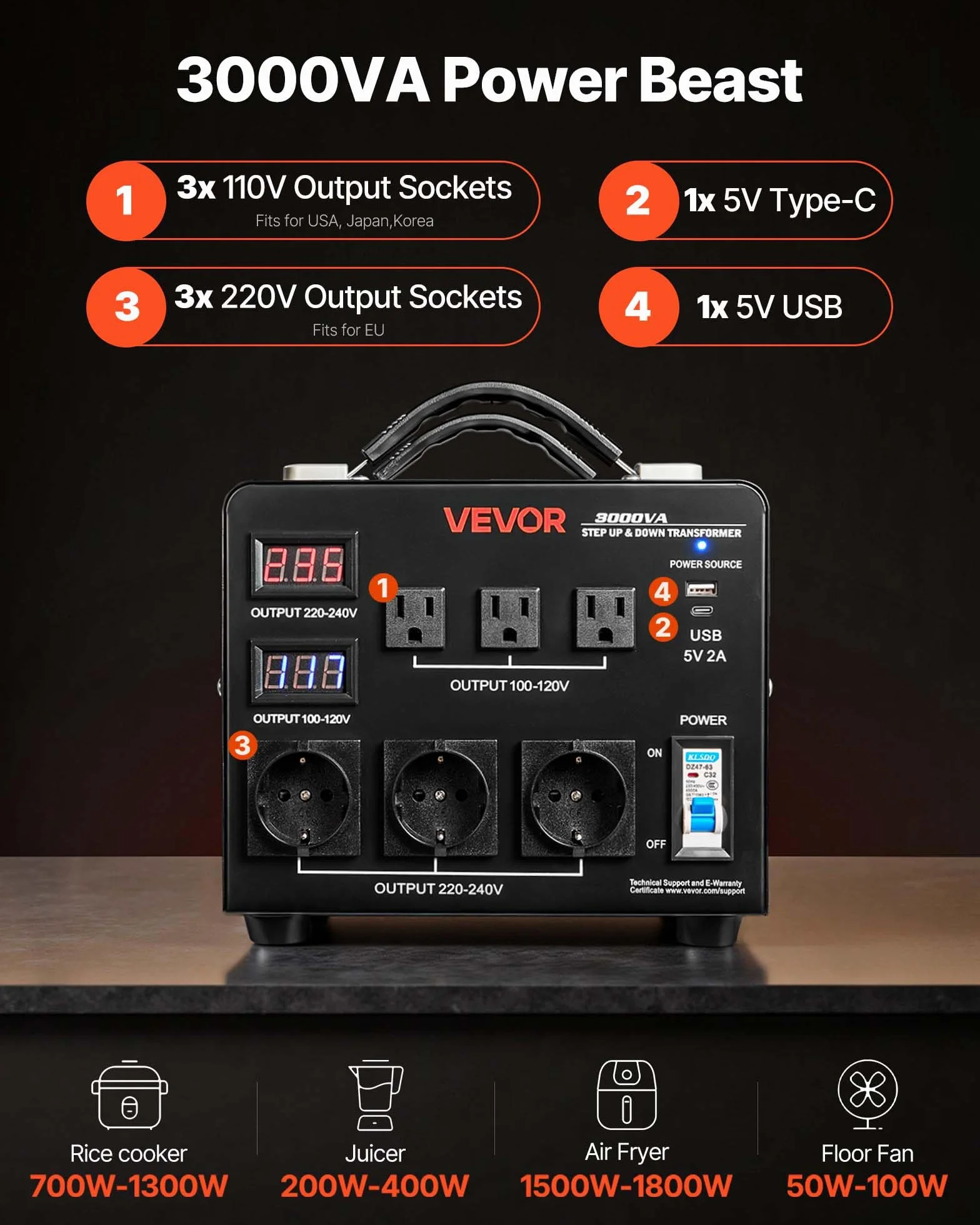 VEVOR Transformator 220 V do 110 V i 110 V do 220 V, automatyczny transformator podnoszenia napięcia, 3000 VA, z 3 gniazdami US, 3 gniazdami UE, ekranem LCD, kablem zasilającym, ochrona wyłącznika