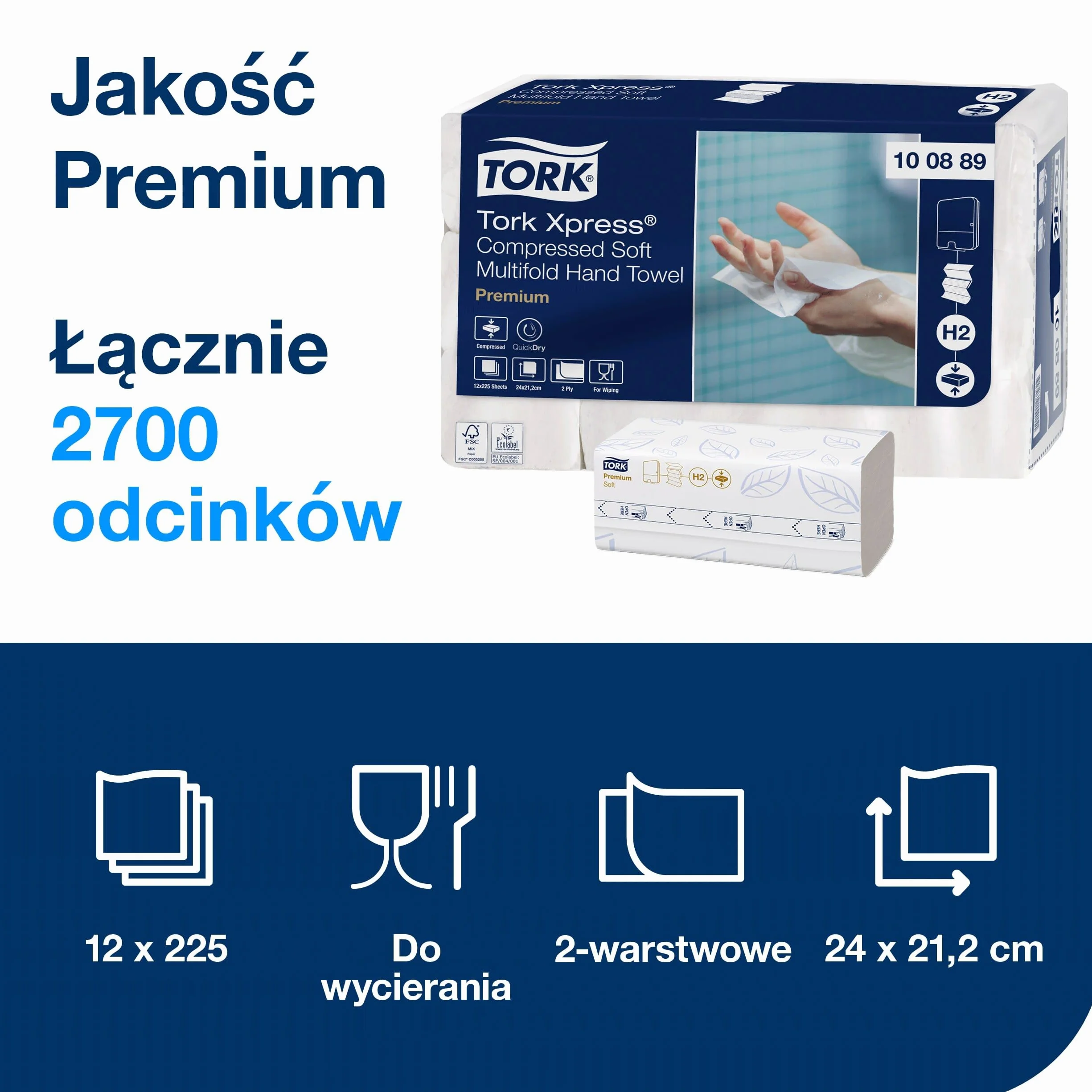 Tork Xpress Skompresowane Miękkie Ręczniki Papierowe Składane Białe H2, 2-Warstwowe, Chłonne, 12 x 225 Odcinków