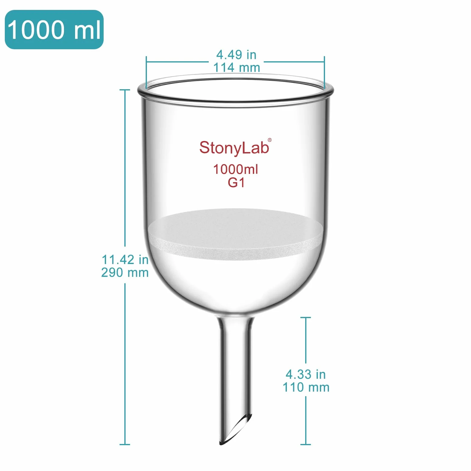 stonylab Buchner Lejek filtrujący ze szkła borokrzemowego, średnica wewnętrzna 113 mm, głębokość 110 mm, ze standardowym przegubem stożkowym 24/40 (1L)