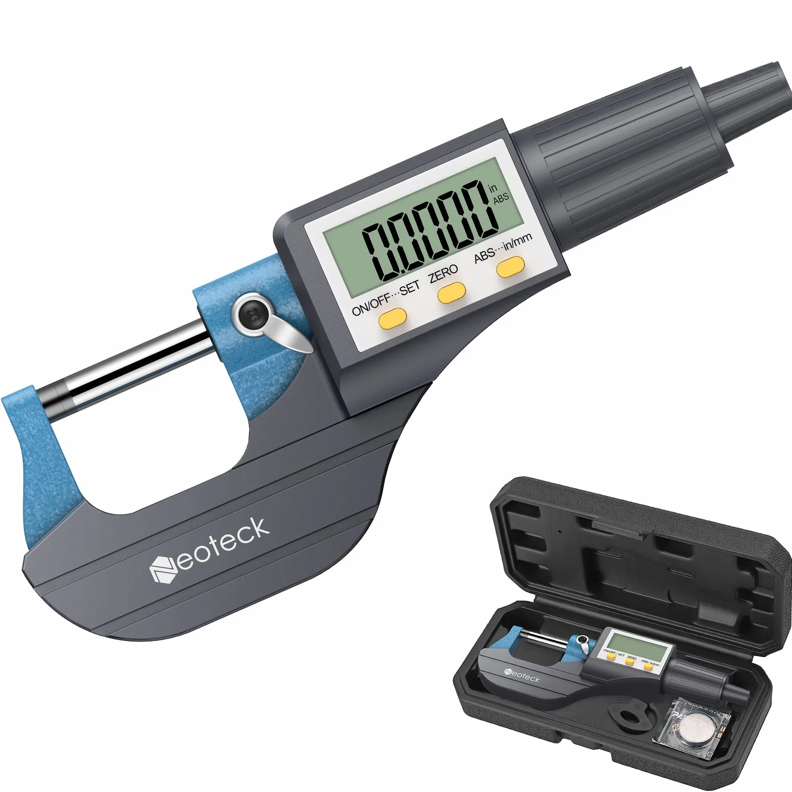 Neoteck Mikrometr cyfrowy 0-1", cal/milimetr LCD cyfrowy profesjonalny pomiar grubości narzędzia pomiarowe rozdzielczość 0,0005"/0,001 mm, obudowa ochronna (z dodatkową baterią)