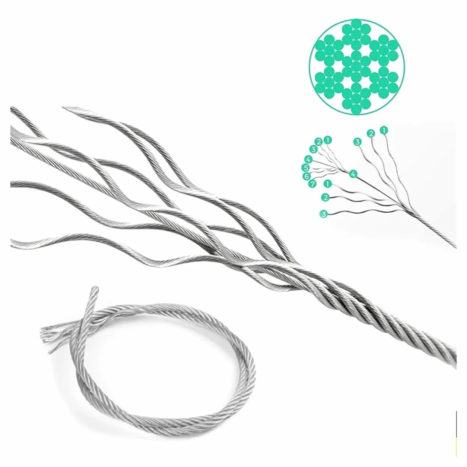 304 Stainless Steel Wire Rope 7x7 Structure 0.5-3mm Diameter 10M/5M Heavy Duty Fishing Lifting Cable