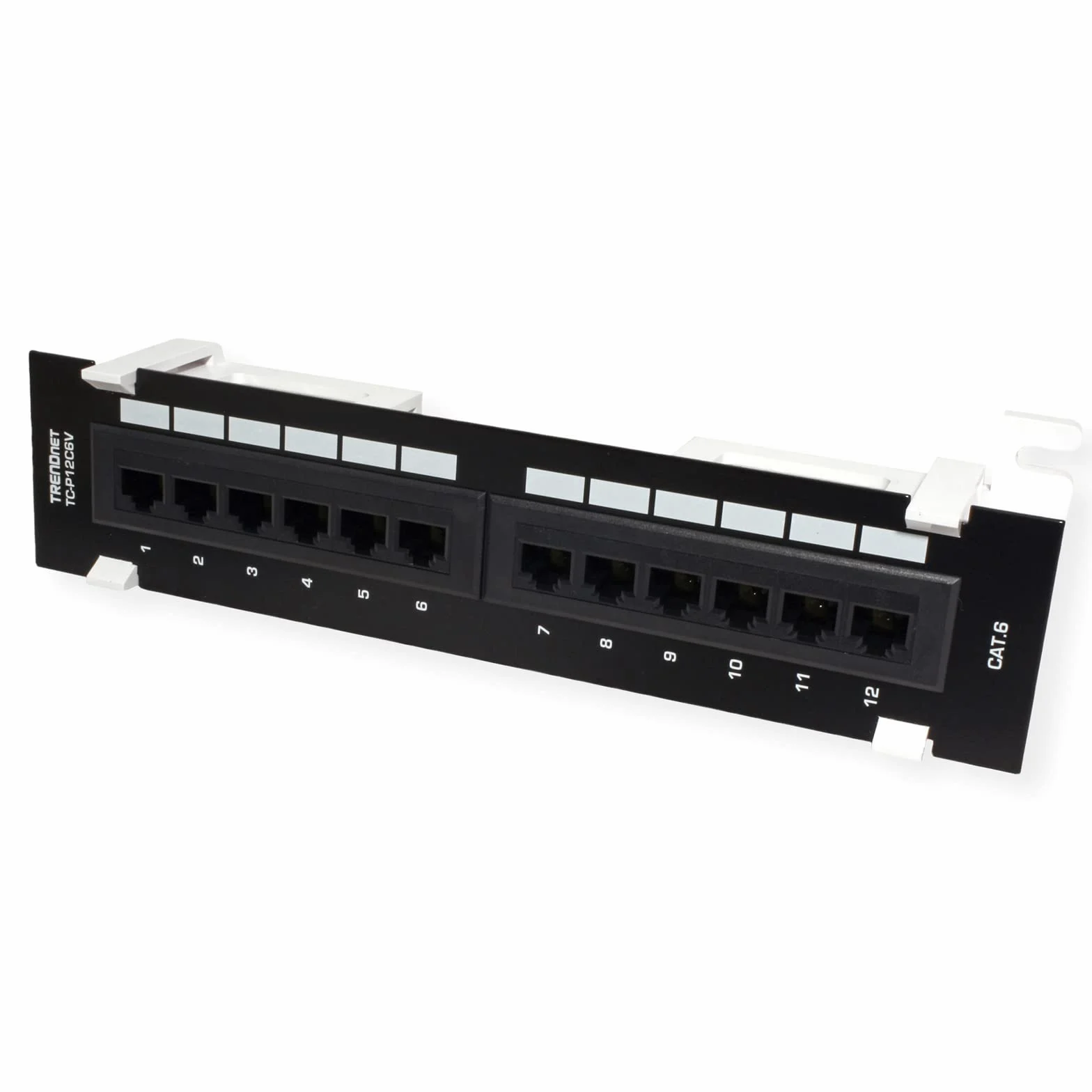 TRENDnet 12-portowy nieekranowany panel krosowy Cat6, TC-P12C6V, uchwyt ścienny, w zestawie wspornik 89D, instalacja pionowa lub pozioma, kompatybilny z okablowaniem Cat5e i Cat6 RJ45, 110 bloków