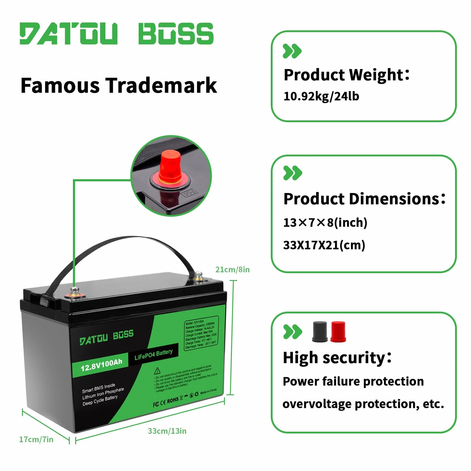 DATOUBOSS 12V 100Ah LiFePO4 Battery 100A BMS 8000+cycles Deep Cycle Lithium Battery MAX 1280W wsparcie mocy w połączeniu szeregowym/równoległym