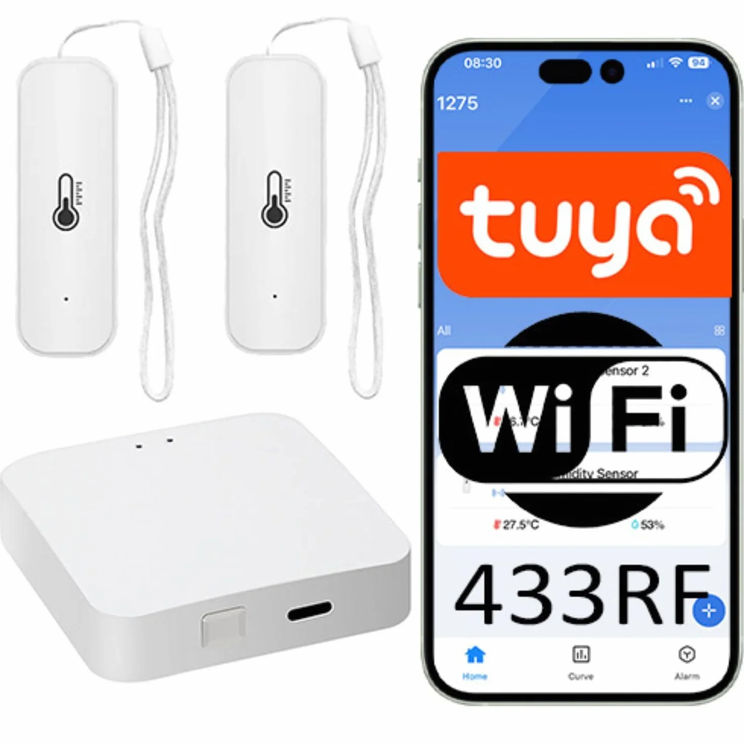 Stacja pogodowa WiFi Tuya z dwoma czujnikami temperatury i wilgotności RF433