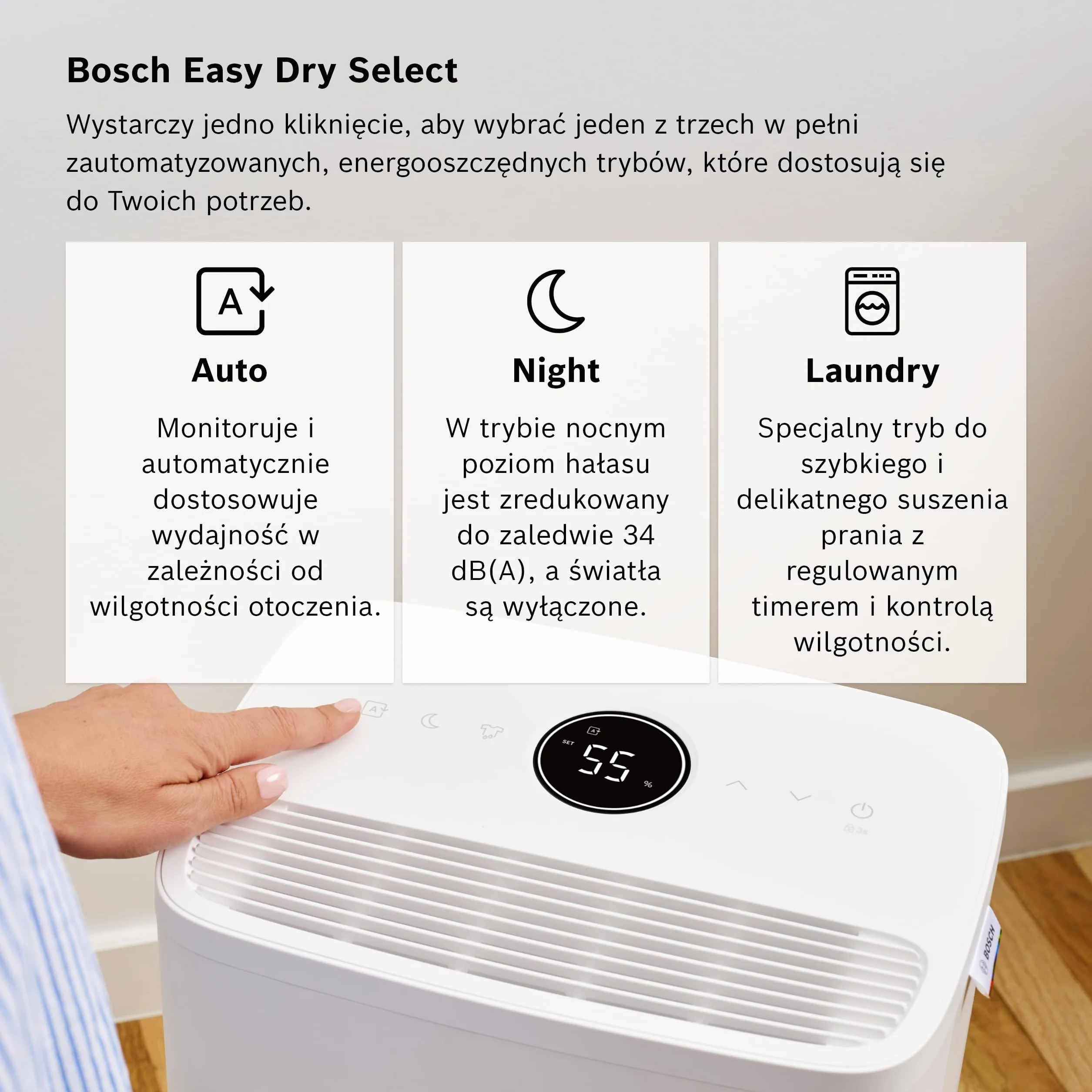 Bosch Dry 1000 - Osuszacz powietrza - łatwy. Wydajny. Cichy. Do domu i sypialni - Do Powierzchni do 17 m² - Szybkie suszenie prania
