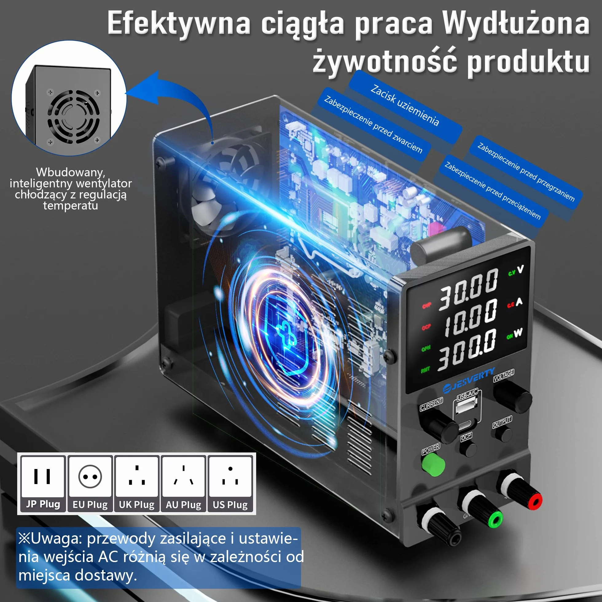 Zmienny zasilacz DC, 0-30V 0-10A Regulowany przełączany zasilacz stołowy z regulacją DC z szybkim ładowaniem USB i typem C, pokrętło enkodera, włącznik/wyłącznik wyjścia, 4-cyfrowy wyświetlacz LED