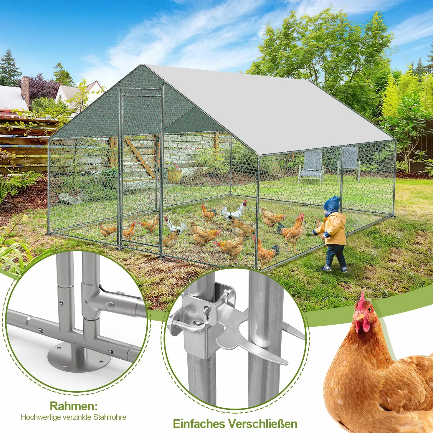 Metalowy kurnik dla kurników 3 x 3 x 2 m, wybieg dla kur, dla małych zwierząt, woliera z plandeką dachową, wybieg dla kur, drobiu, małych zwierząt