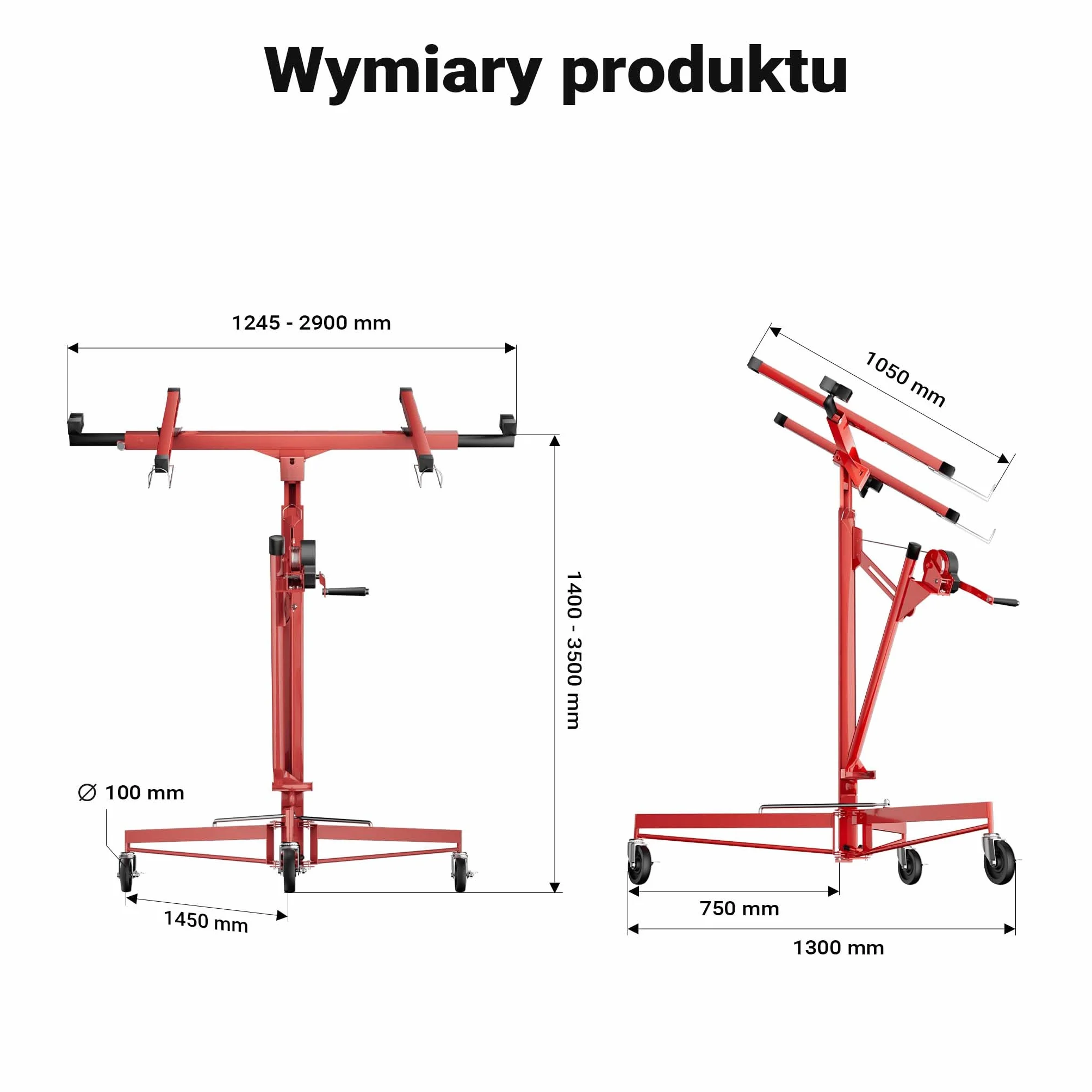 Wiltec XXL Podnośnik do płyt gipsowych i OSB do 68 kg, regulowana wysokość 140-350 cm, stabilna konstrukcja z blokadami i hamulcami do łatwego montażu