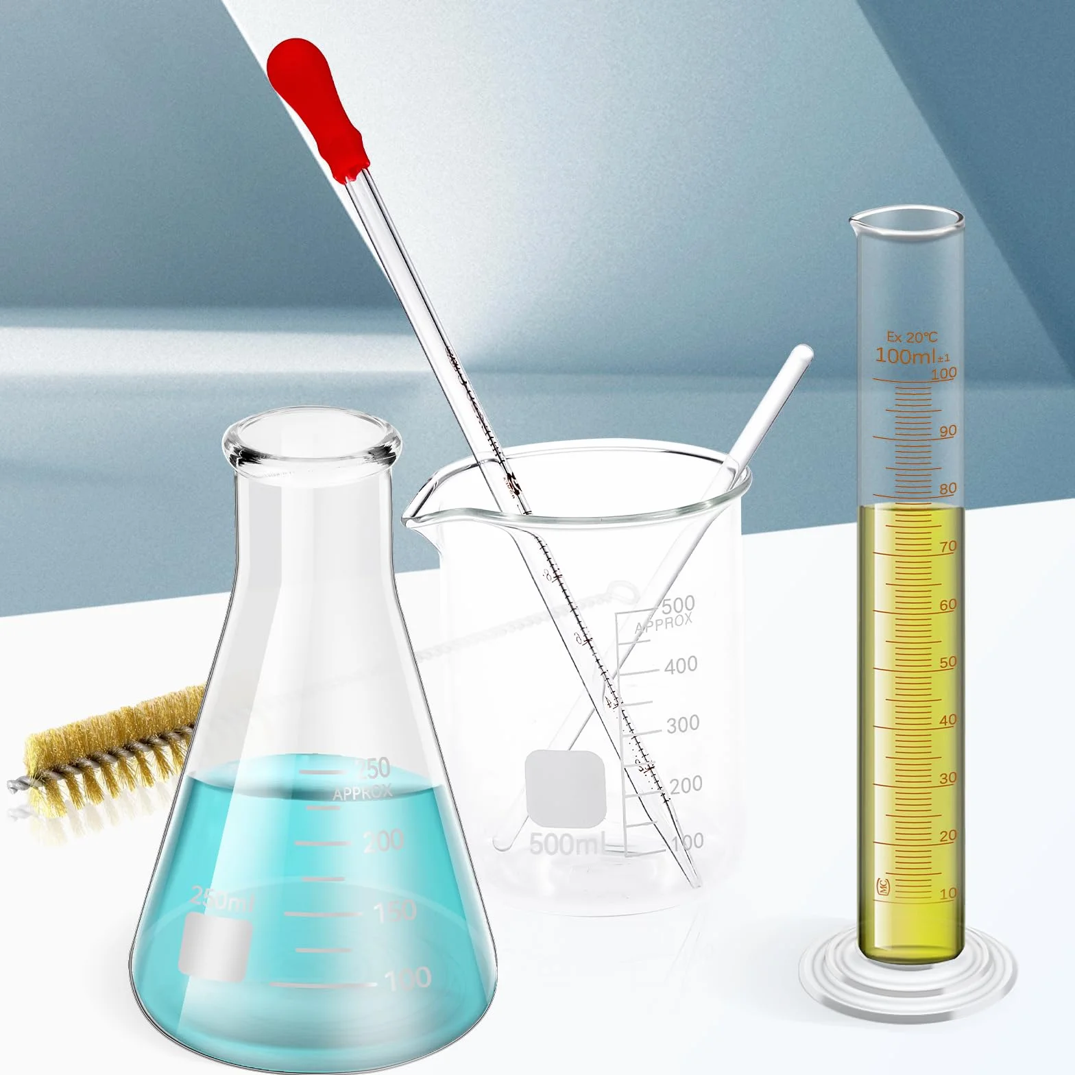 14 sztuk szklanych kubków z miarką 50/100/500 ml, szklana butelka 50/100/250 ml, cylinder z podziałką szklaną 10/50/100 ml z 1 pędzlem, 2 średnicami i 2 kroplami, zestaw do laboratorium