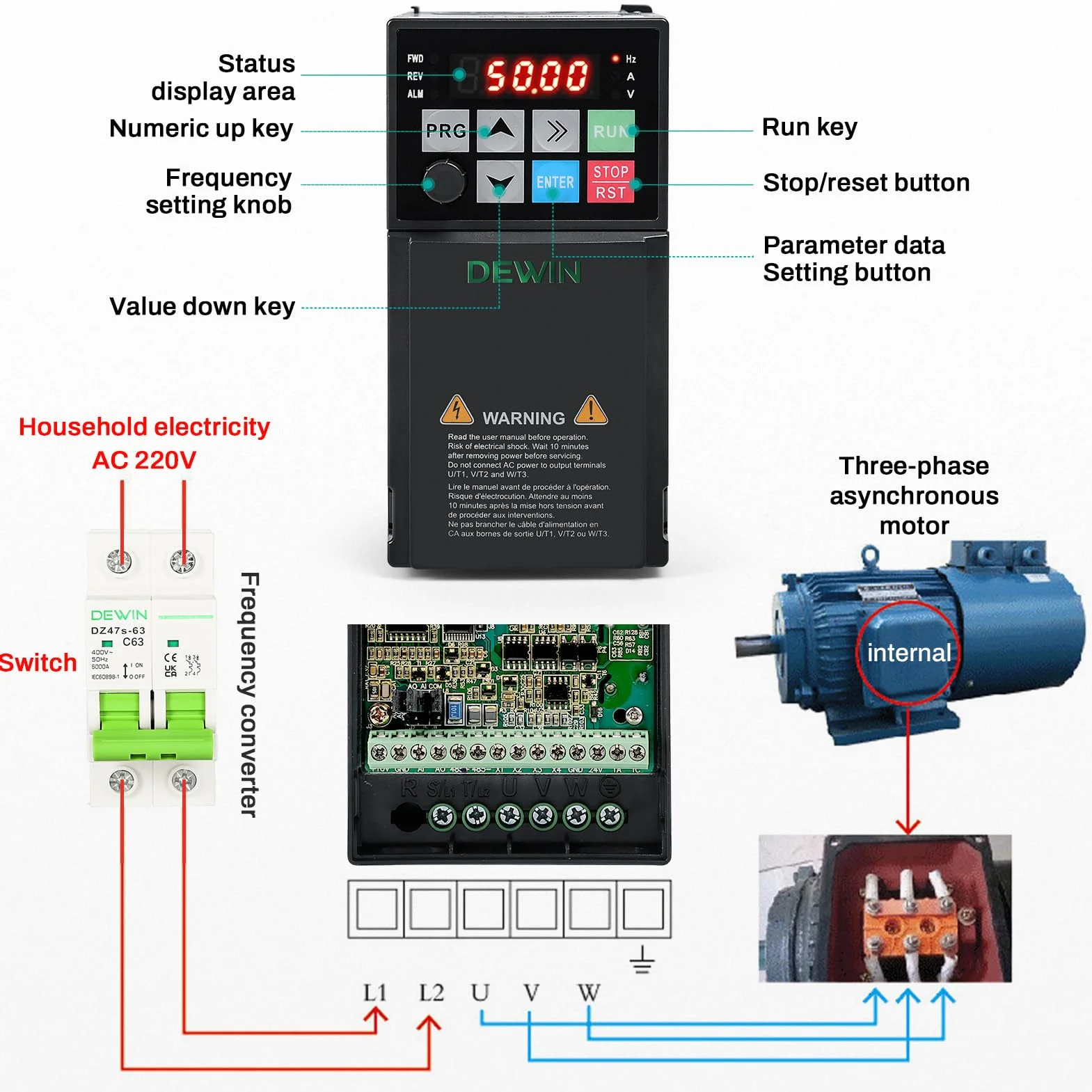 DEWIN przetwornica częstotliwości VFD 2,2 kW 220 V wejście 1-fazowe wyjście 3-fazowe regulator prędkości silnika