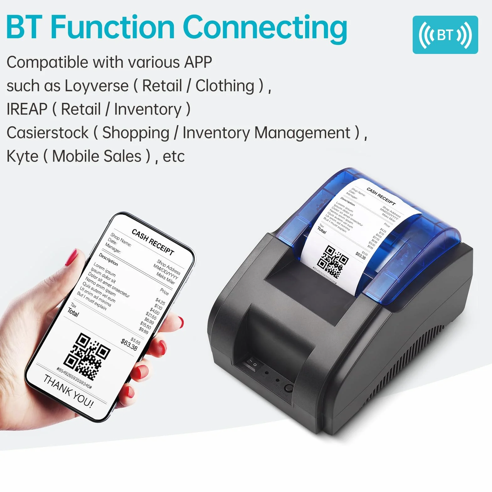 Bisofice Drukarka paragonowa 58 mm, drukarka paragonów, 1 rolka papieru, kompatybilna z systemem Windows/Linux/Android/iOS, obsługa poleceń ESC/POS