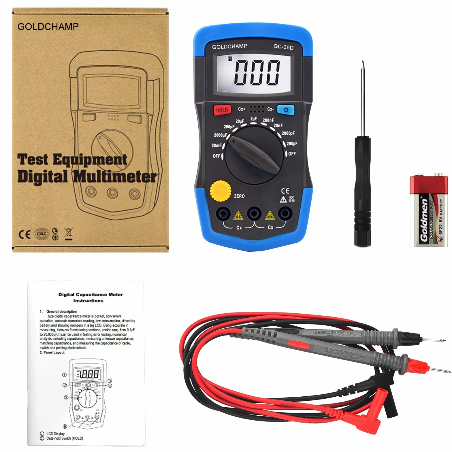 GOLDCHAMP Cyfrowy miernik pojemności kondensatora 0,1pF - 20 000uF LCD 1999