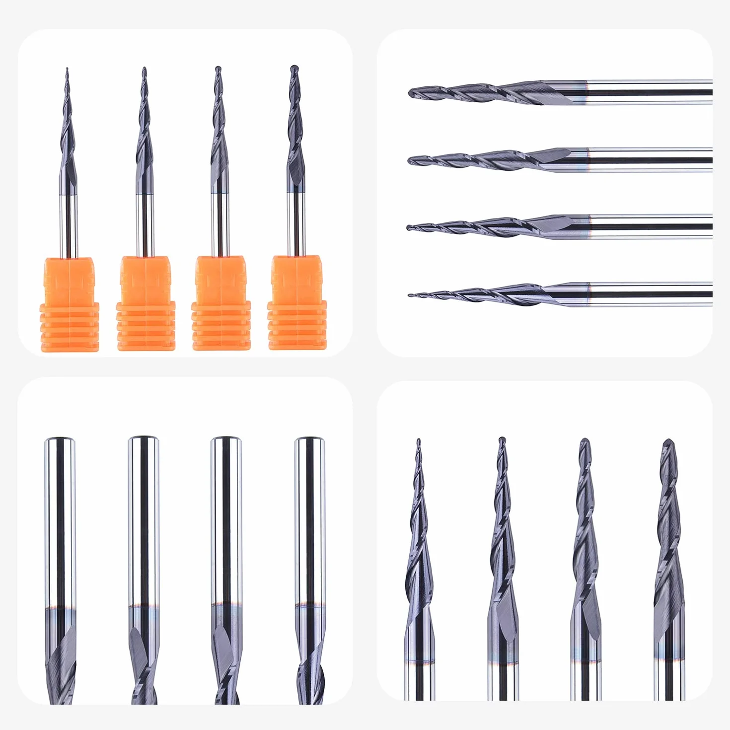 SpeTool 4 frezy stożkowe 4 mm promień 0,25-1,0 mm CNC z węglika wolframu z powłoką TiAIN