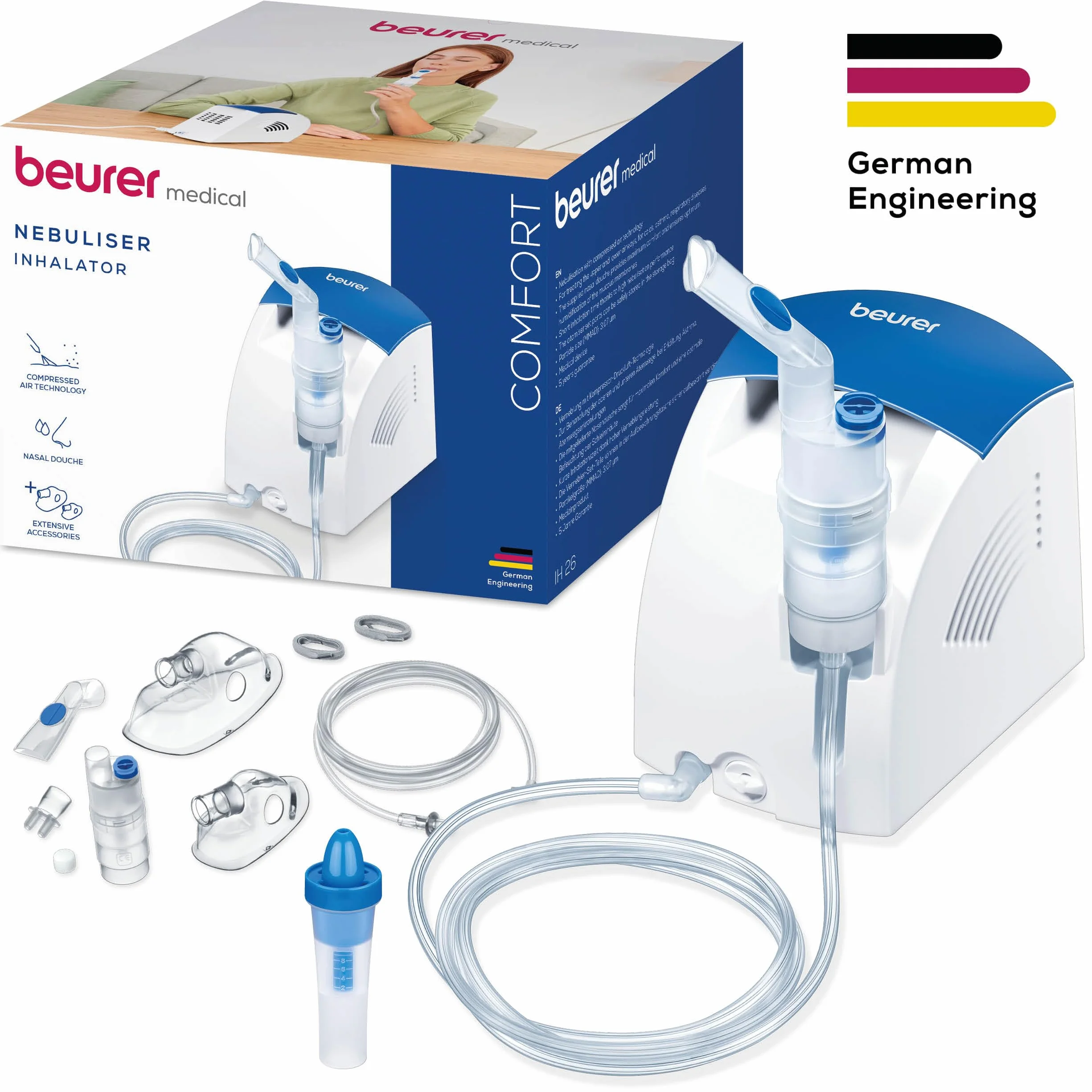 Beurer IH 26 Inhalator, Nebulizator z prysznicem do nosa, wysoka wydajność nebulizacji, dla dzieci i dorosłych