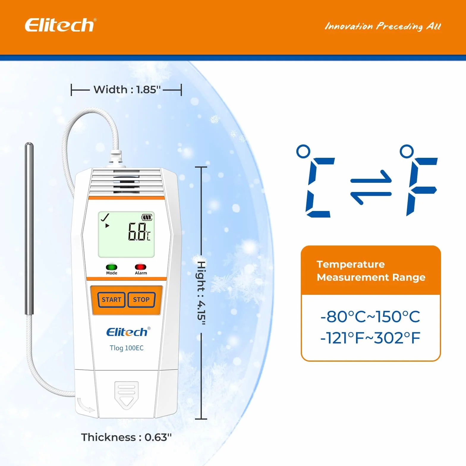 Elitech Tlog 100EC rejestrator danych o ultra niskiej temperaturze, rejestrator danych temperatury z czujnikiem zewnętrznym, 32000 punktów, raport PDF, USB 2.0