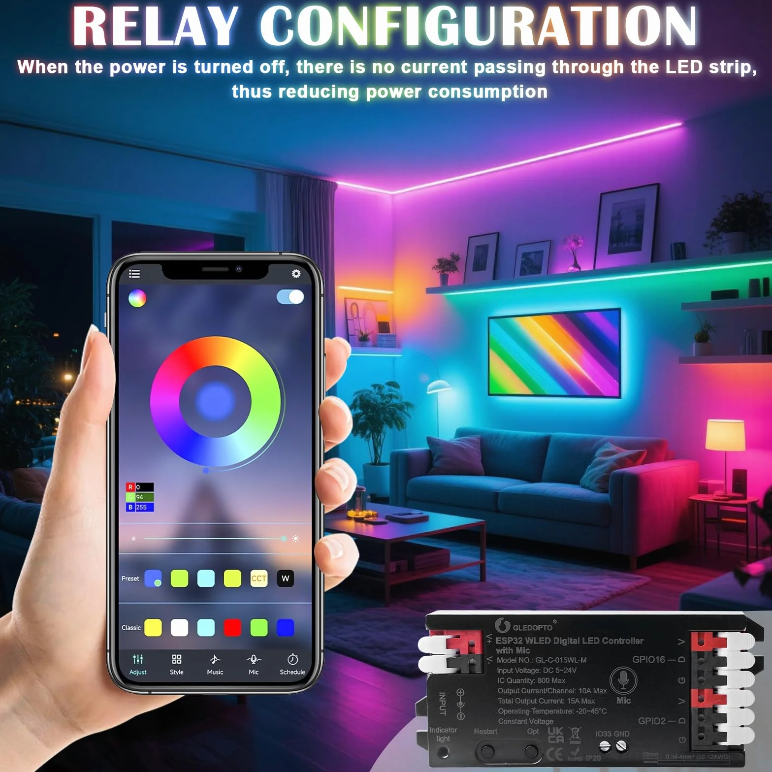 Kontroler WLED z mikrofonem, ESP32 DC 5V-24V Cyfrowy kontroler taśmy LED Adresowalny cyfrowy RGB IC WS2811 WS2812B SK6812 WS2815 RGBW Adresowana taśma LED FCOB
