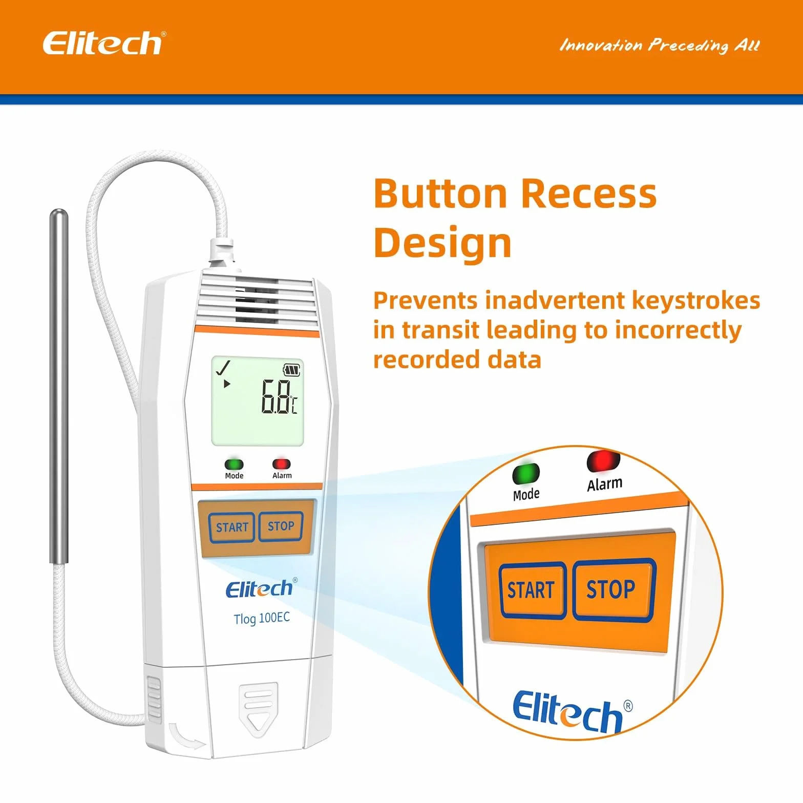 Elitech Tlog 100EC rejestrator danych o ultra niskiej temperaturze, rejestrator danych temperatury z czujnikiem zewnętrznym, 32000 punktów, raport PDF, USB 2.0