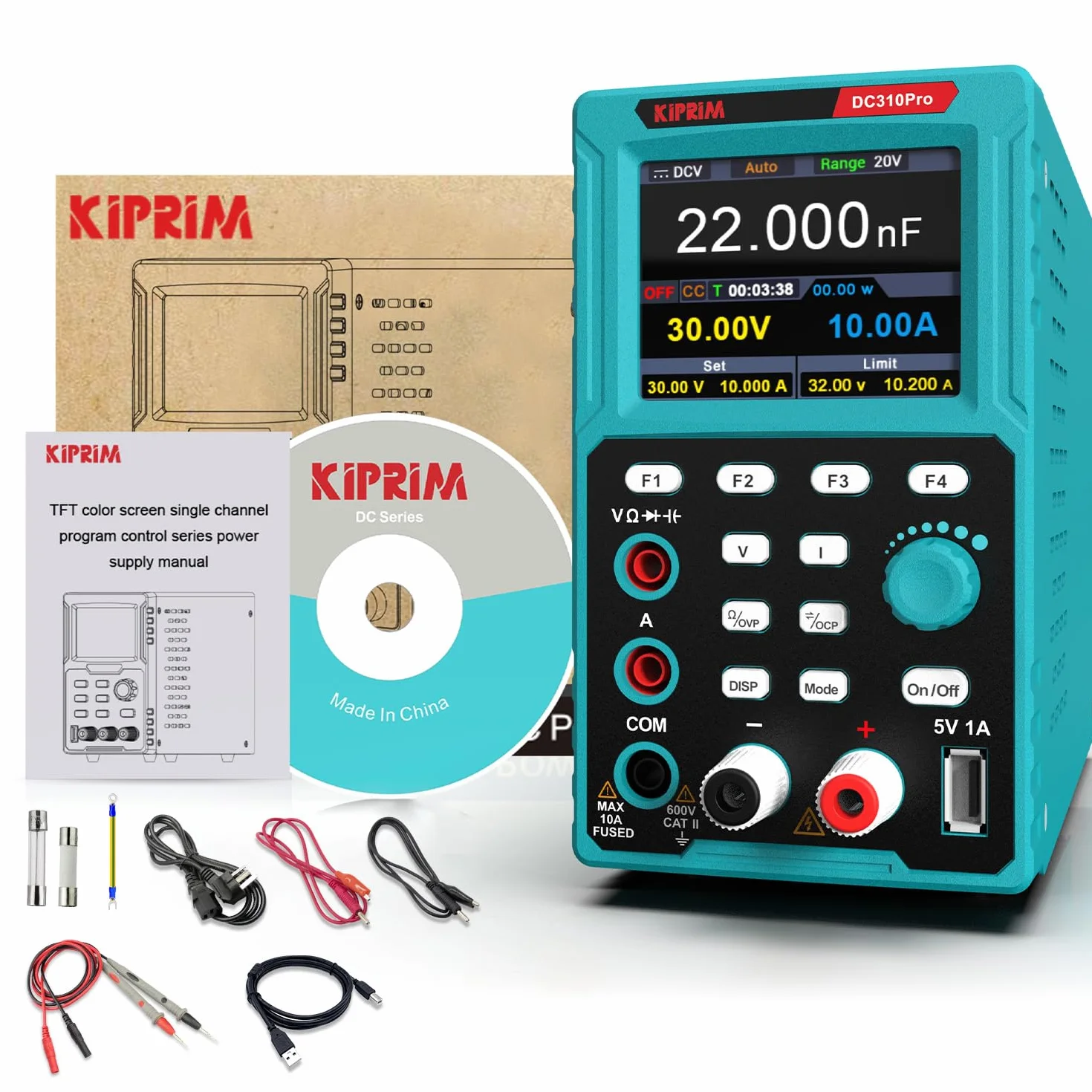 Kiprim Zasilacze laboratoryjne 2 w 1 i programowalny multimetr (0-30 V, 0-10 A) DC310Pro regulowane zasilacze z pamięcią danych, OCP, OVP, oprogramowaniem PC i ładowaniem USB