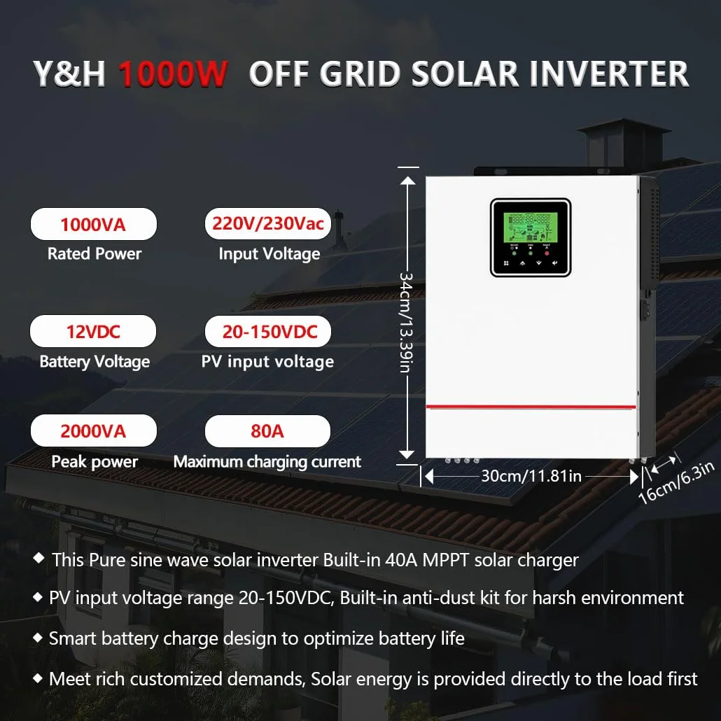 Y&H Hybrydowy falownik solarny 1000 W DC12 V do AC 230 V, niezależny od sieci czysty falownik sinusoidalny z ładowarką solarną 40 A MPPT Max PV 600 W DC 150 V Input, odpowiedni do akumulatorów