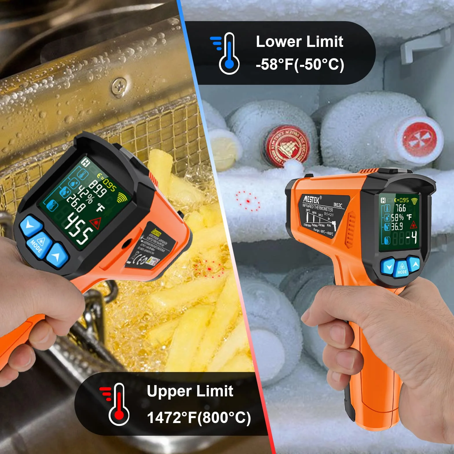 MESTEK Termometr na Podczerwień -50°C~800°C Kolorowy Alarm LCD Regulowana Emisyjność
