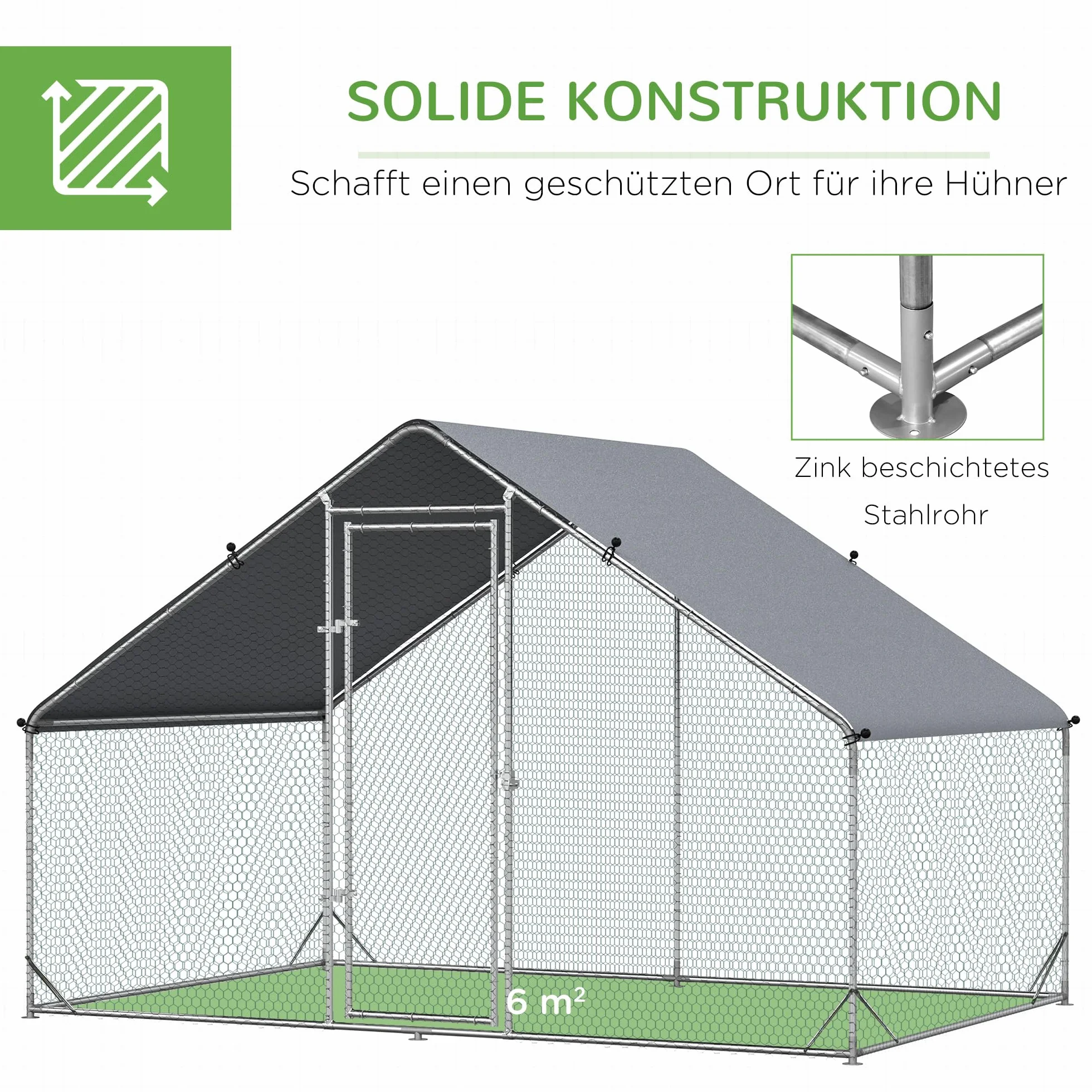 PawHut Kurnik ze stali 300x200x200 cm klatka dla kur z osłoną drzwiami wybieg dla 4-6 kur srebrny