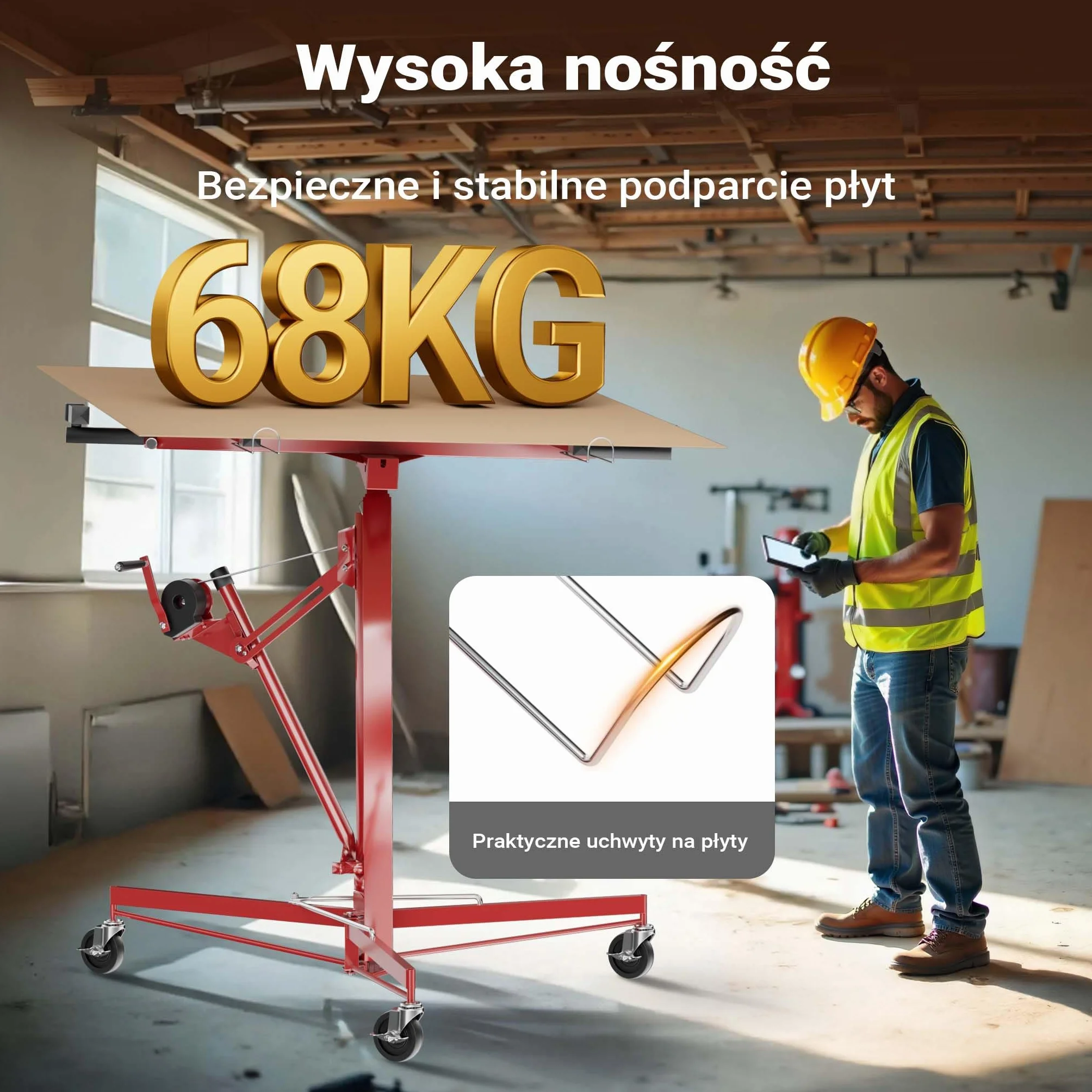 Wiltec XXL Podnośnik do płyt gipsowych i OSB do 68 kg, regulowana wysokość 140-350 cm, stabilna konstrukcja z blokadami i hamulcami do łatwego montażu