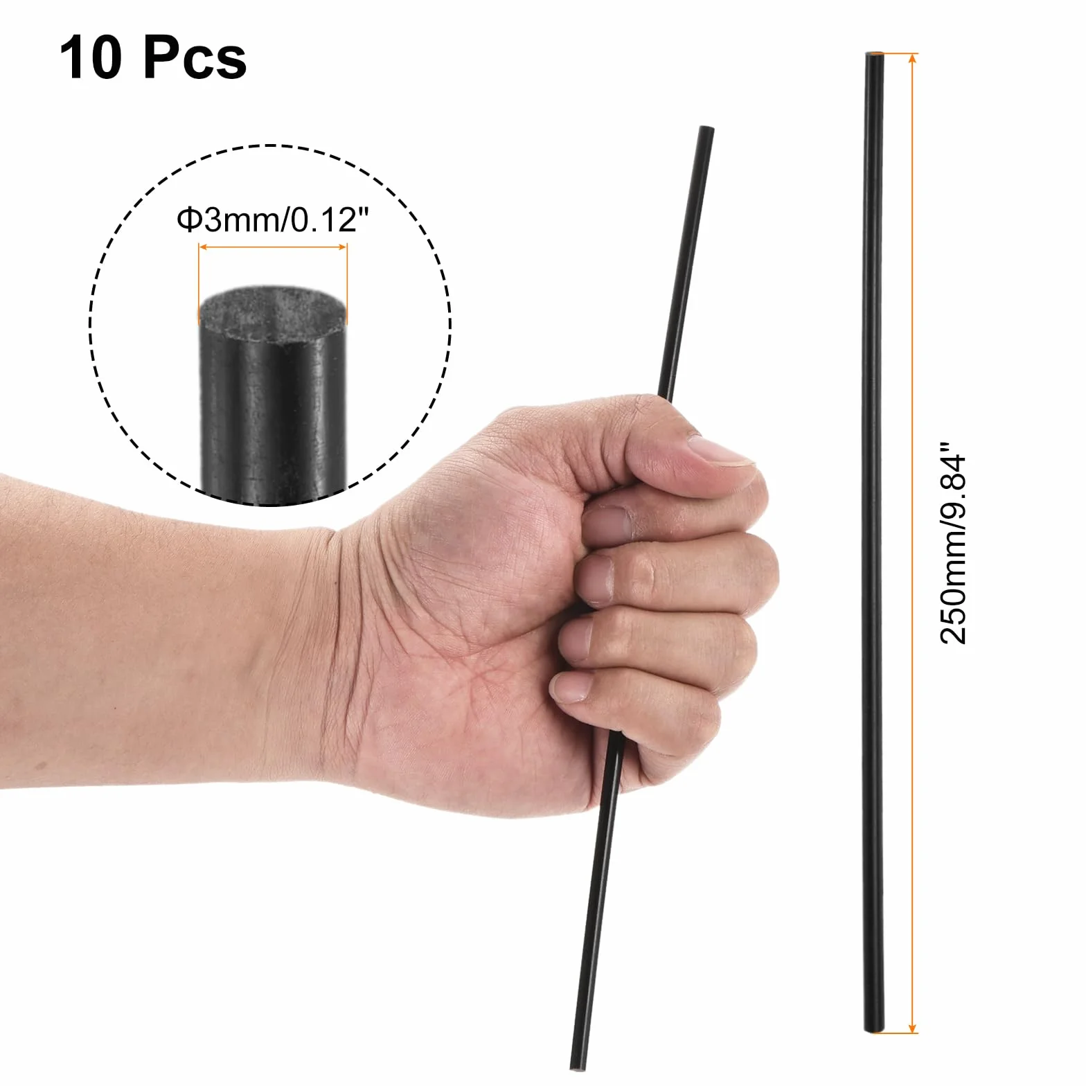 QUARKZMAN 10 sztuk czarnych prętów z tworzywa sztucznego 3 x 250 mm POM okrągły pręt z tworzywa sztucznego ABS, okrągły pełny drążek, model "zrób to sam", do budowy zabawek, modeli architektonicznych