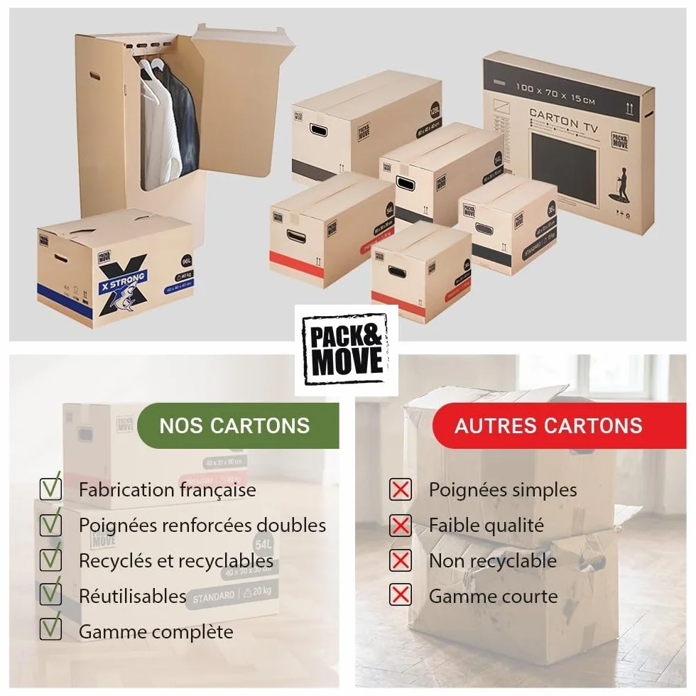 Lot de 20 cartons de déménagement 36L - 40x30x30 cm - Made in France - 70% FSC certifé - Pack & Move