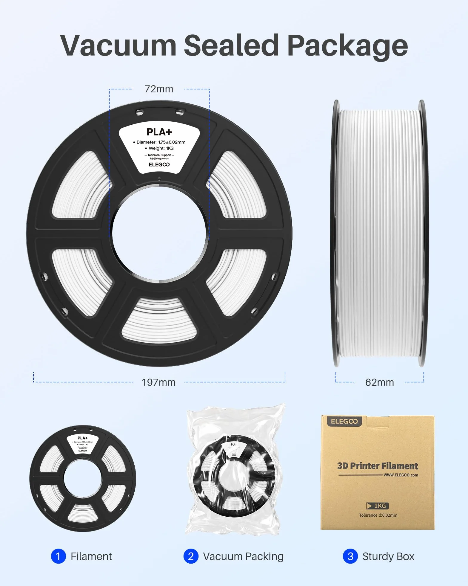 ELEGOO PLA+ filament 1,75 mm biały 2 kg dokładność +/- 0,02 mm do drukarek 3D