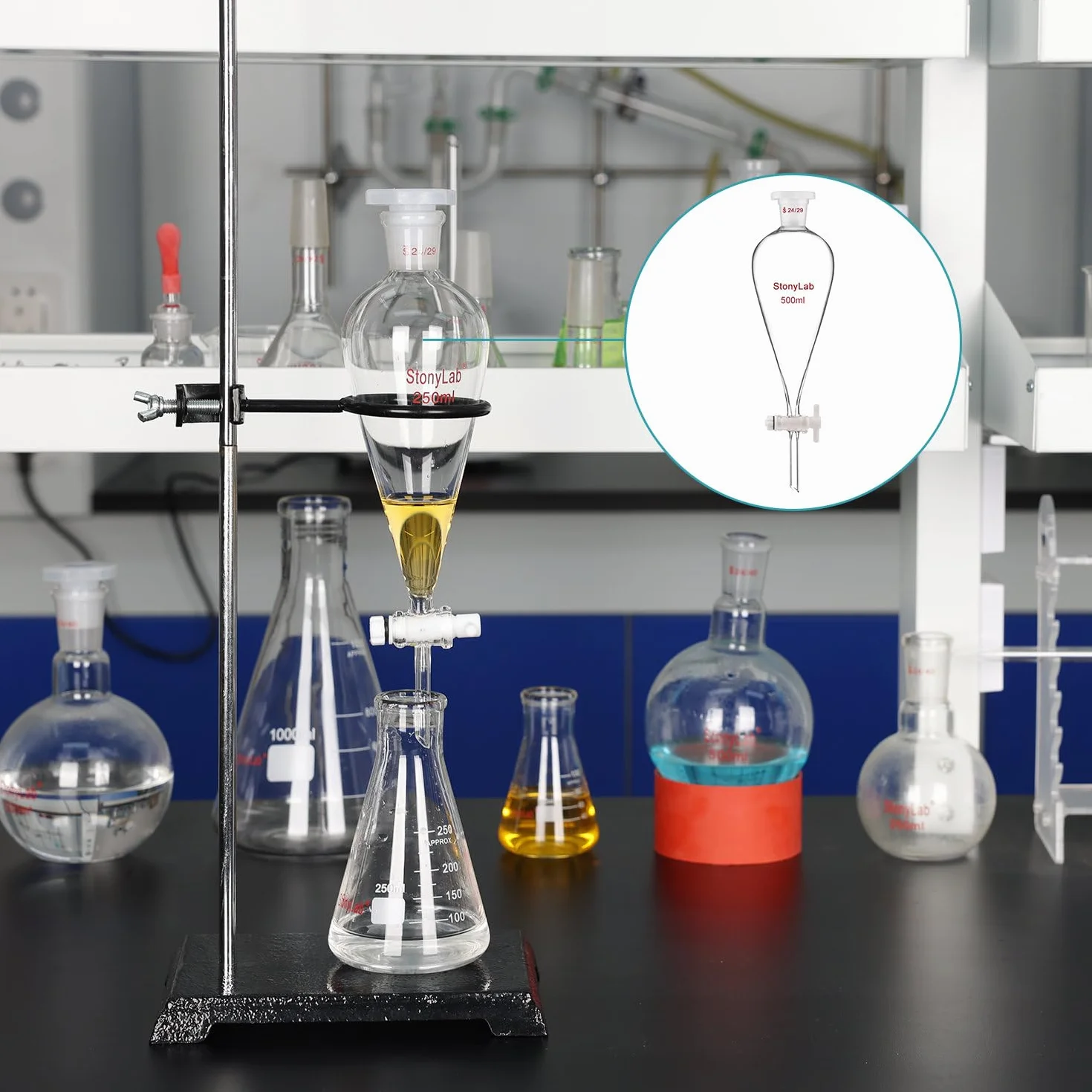 stonylab Szkło Borokrzemianowe 500 ml Ciężka Ściana Stożkowy Lejek Separacyjny ze 24/29 Złączami i Kranem z PTFE, 500 ml