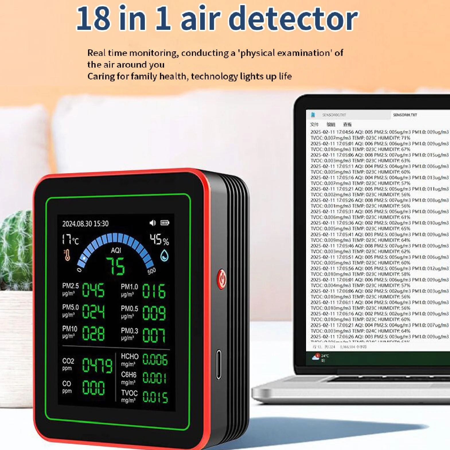 Miernik Jakości Powietrza 18 w 1 CO2 TVOC HCHO PM2.5 PM10 Temp Wilgotność Czarny