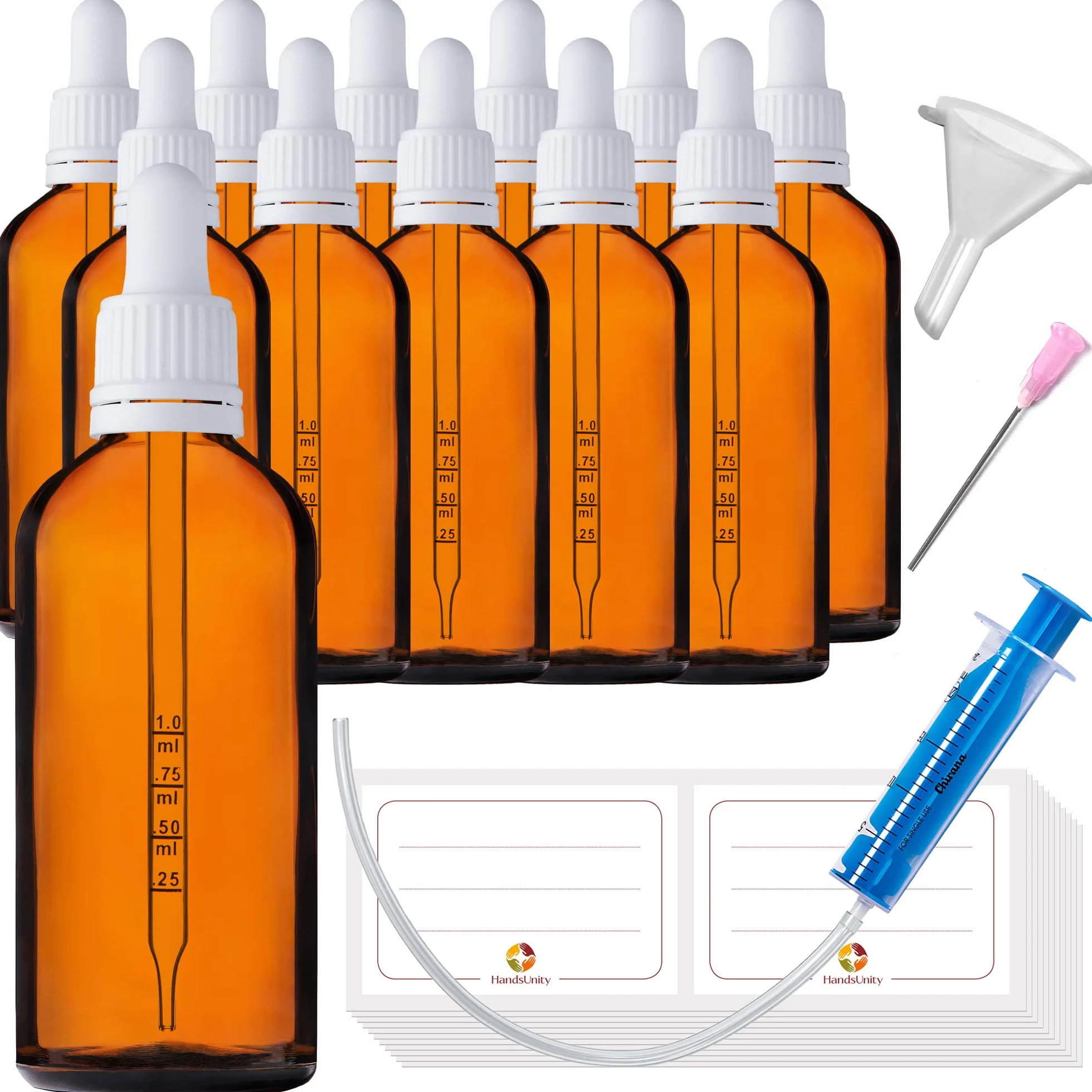 100ml-12szt Pipeta Mała Putelka Szklana - Słoiczek Apteczny ze Szkła Bursztynowego z Białą Zakrętką do Pipety Zawiera 29szt. Akcesoriów Pomocniczych Butelki z Brązowego Szkła