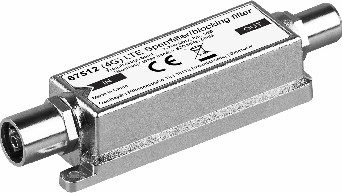 Goobay 67512 LTE (4G) filtr blokujący dla lepszego odbioru DVB-T, wtyczka koncentryczna srebrna