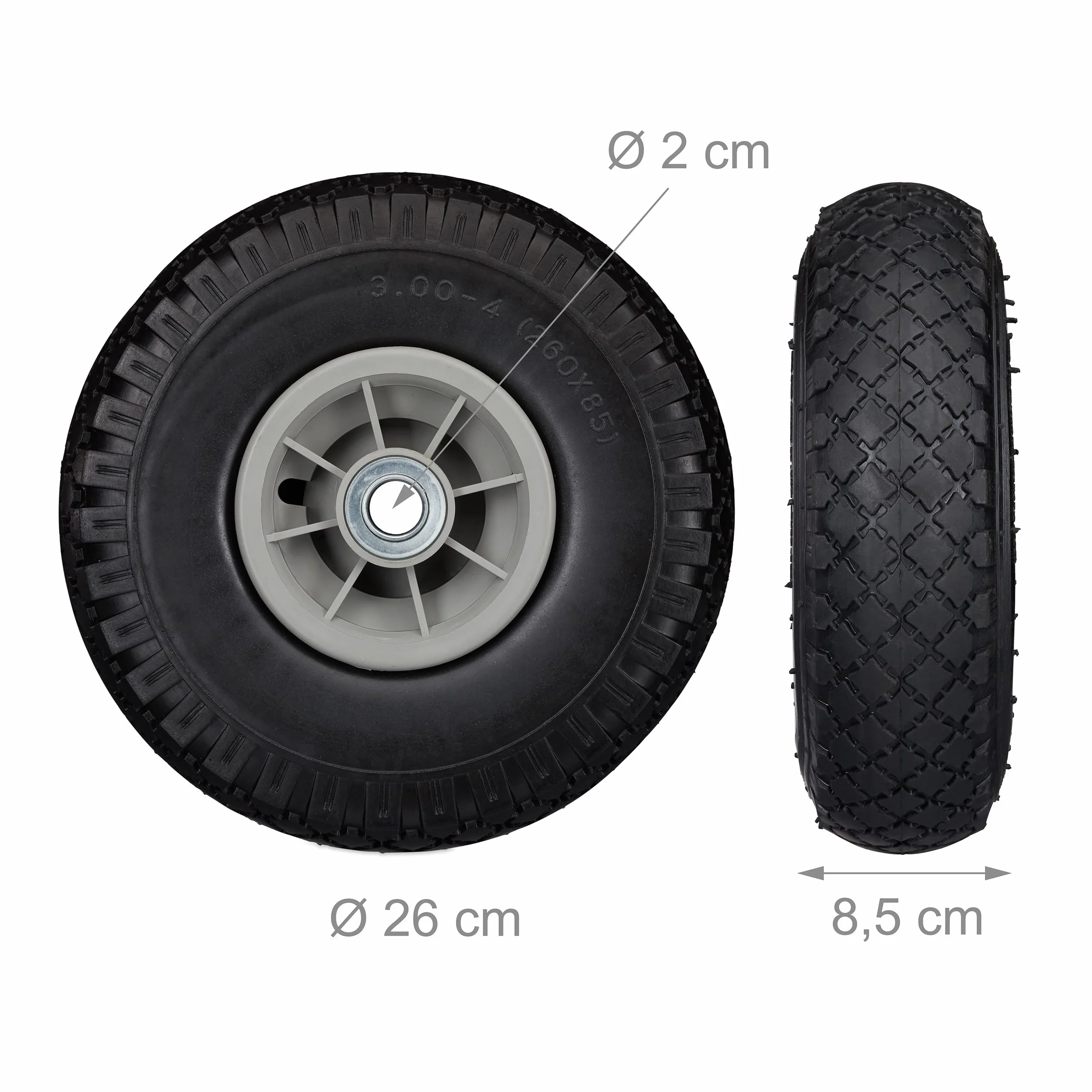Relaxdays, Czarno-szare koło do wózka transportowego, 2 sztuki, odporne na przebicie opony z pełnej gumy, 3,00 – 4", oś 20 mm, do 80 kg, 260 x 85 mm, 10026068_957