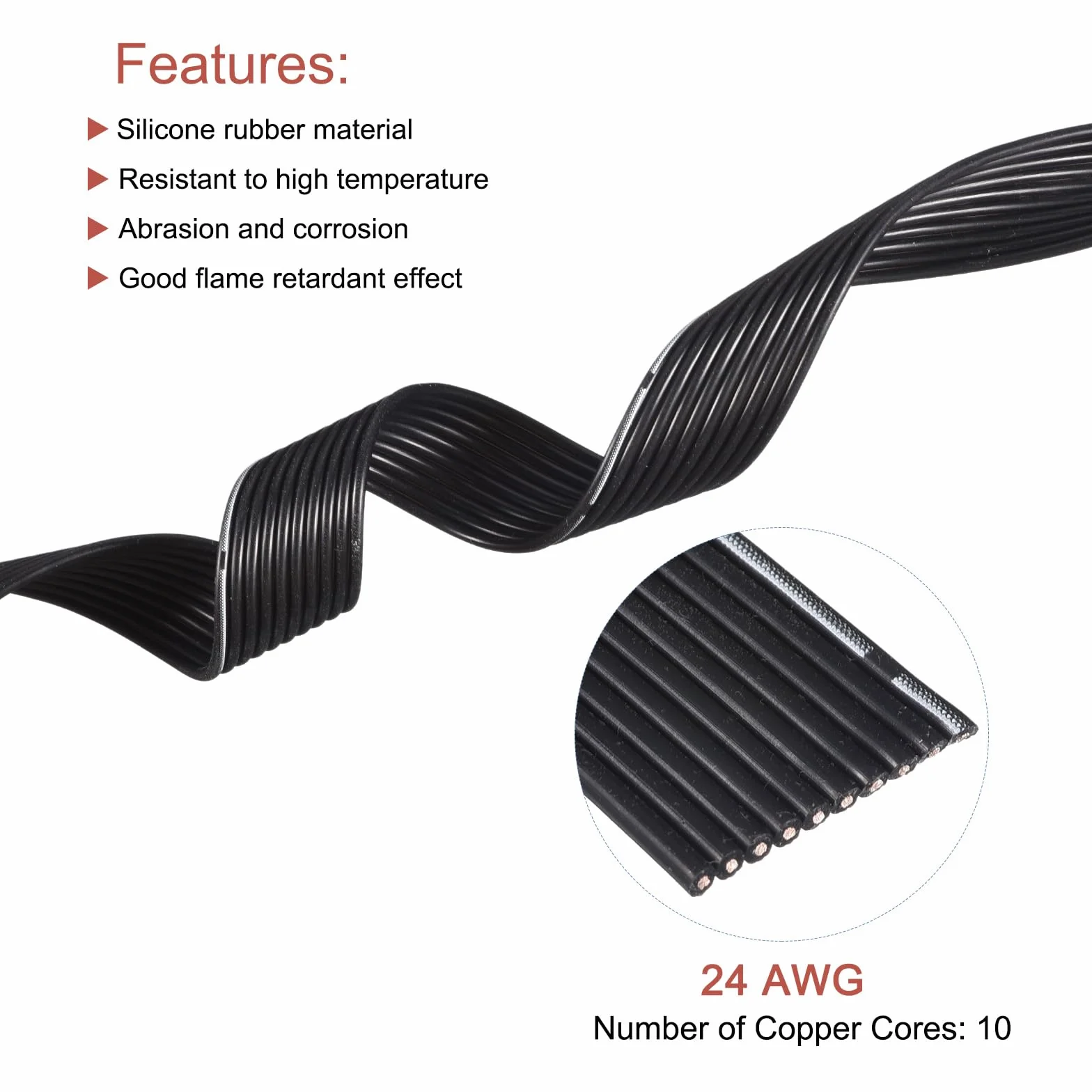 QUARKZMAN 24AWG silikonowy kabel płaski, 10-biegunowy, 24 G, płaski kabel, elastyczny drut silikonowy, 10 m, czarny, ocynkowany drut miedziany do modeli samolotów, modeli samochodów, urządzeń