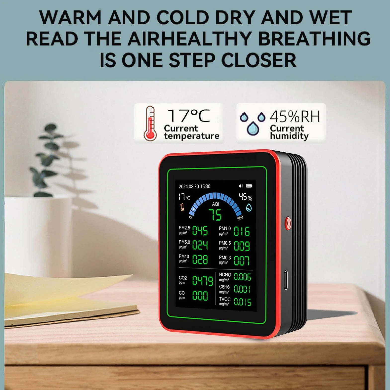 Miernik Jakości Powietrza 18 w 1 CO2 TVOC HCHO PM2.5 PM10 Temp Wilgotność Czarny