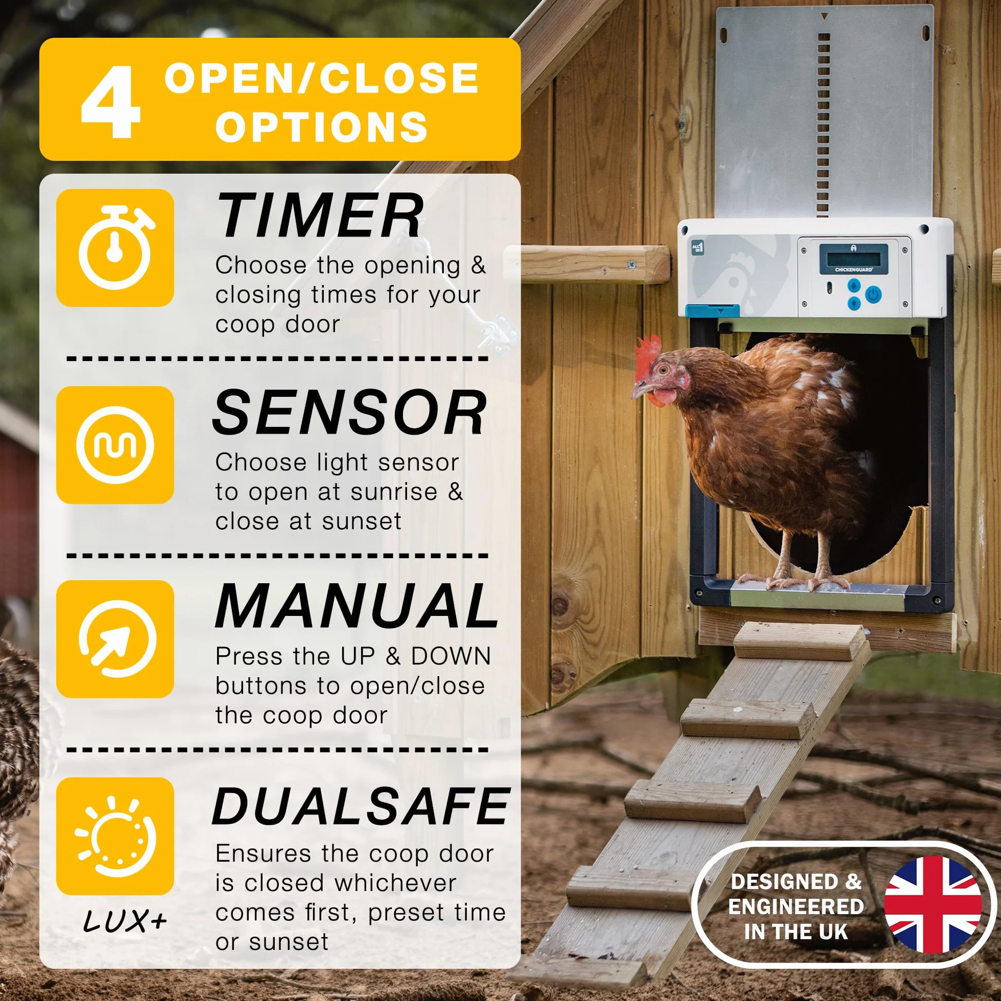 Automatyczny otwieracz do drzwi kurnika, ChickenGuard One we wszystkich 4 kolorach + zestaw paneli słonecznych, timer / czujnik światła, kompatybilny z bateriami/elektrycznie (szary + baterie)