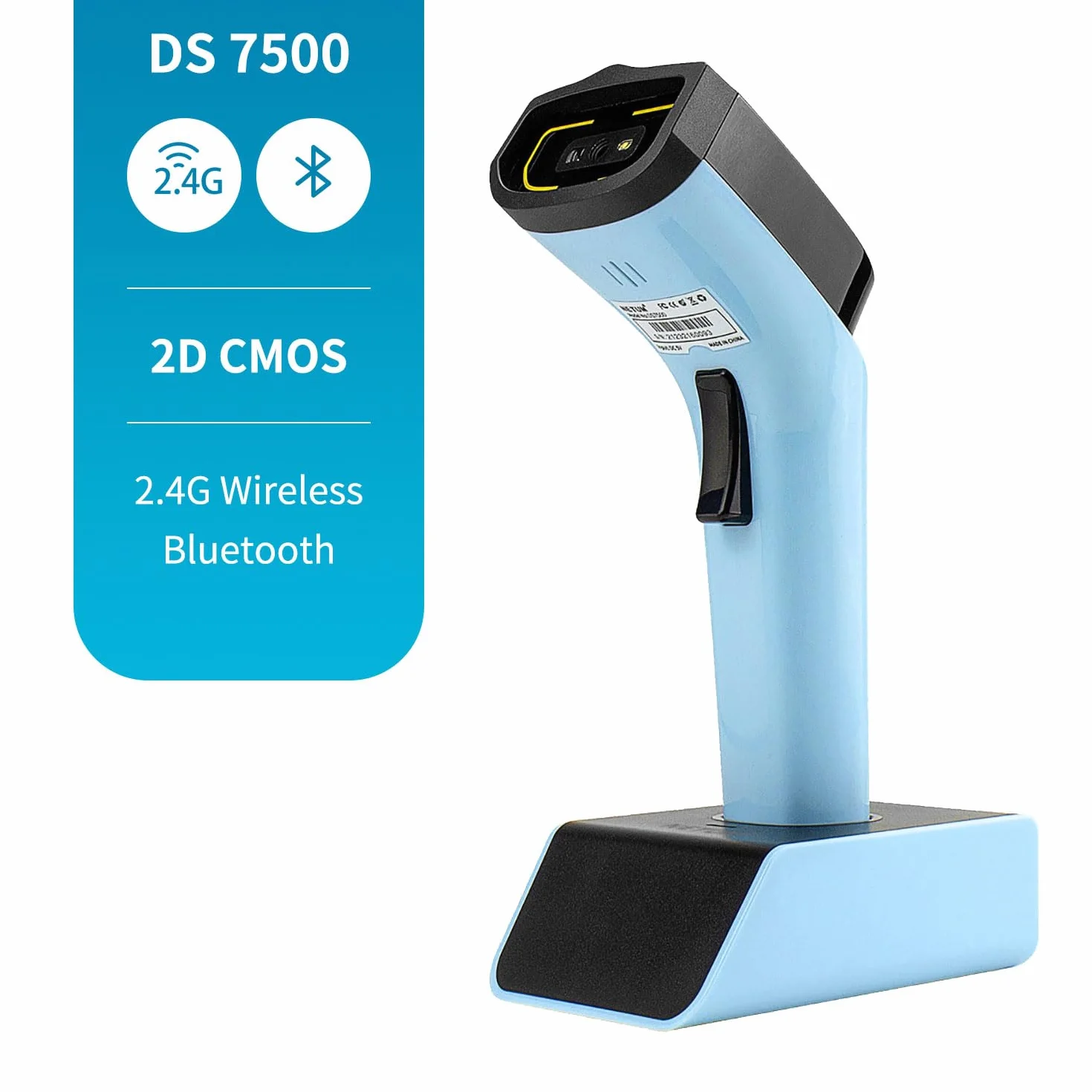 NETUM DS7500 Bezprzewodowy skaner kodów kreskowych 2D Bluetooth, z podstawą i wbudowaną pamięcią, działa z systemami MAC OS, Windows, iOS, Android, transfery do 50 metrów