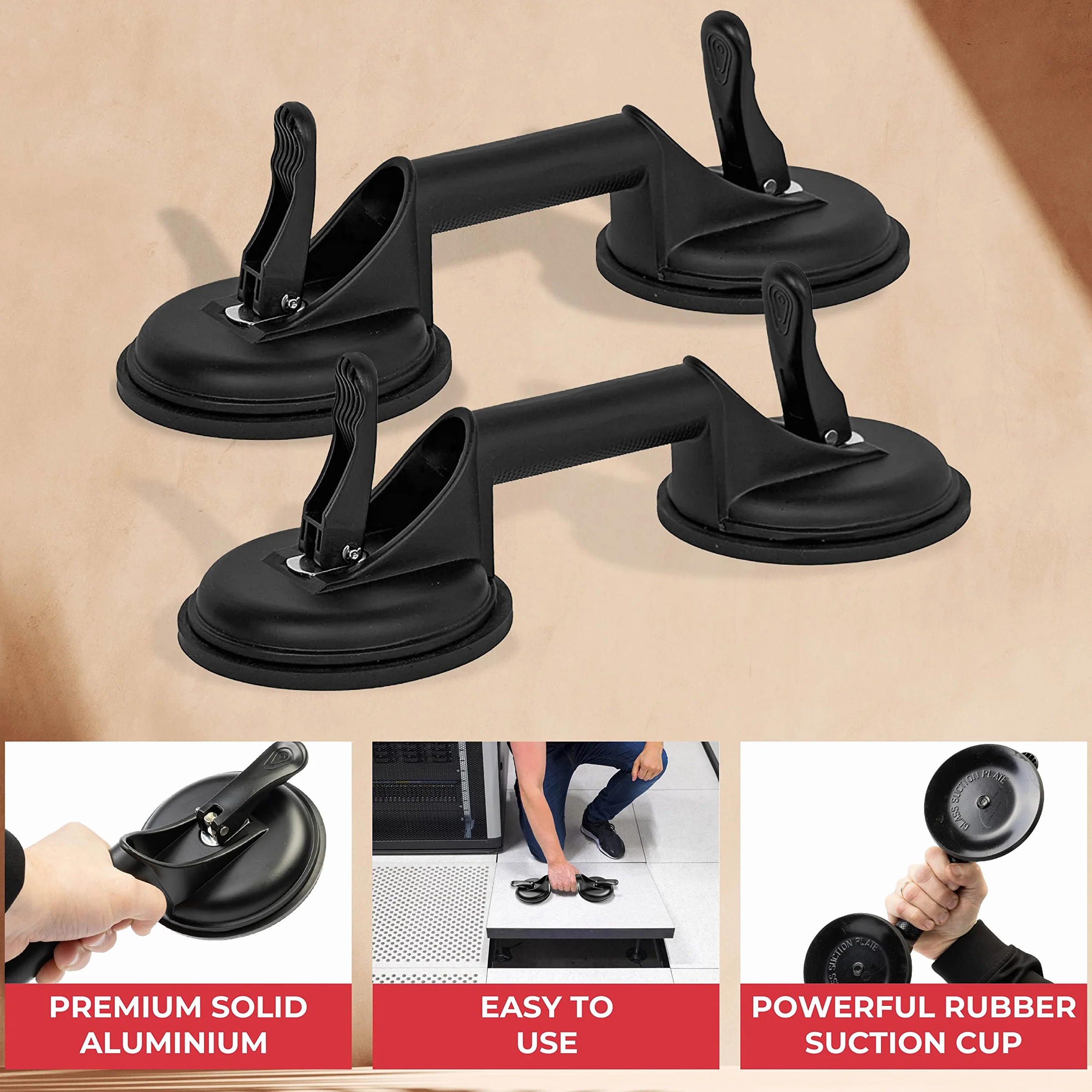 GADLANE 2 x Saugnapf Griff Saugheber Glas Mit 2 Saugnäpfen Glassauger Vakuum Heber Hält Bis Zu 100kg - Schwarz
