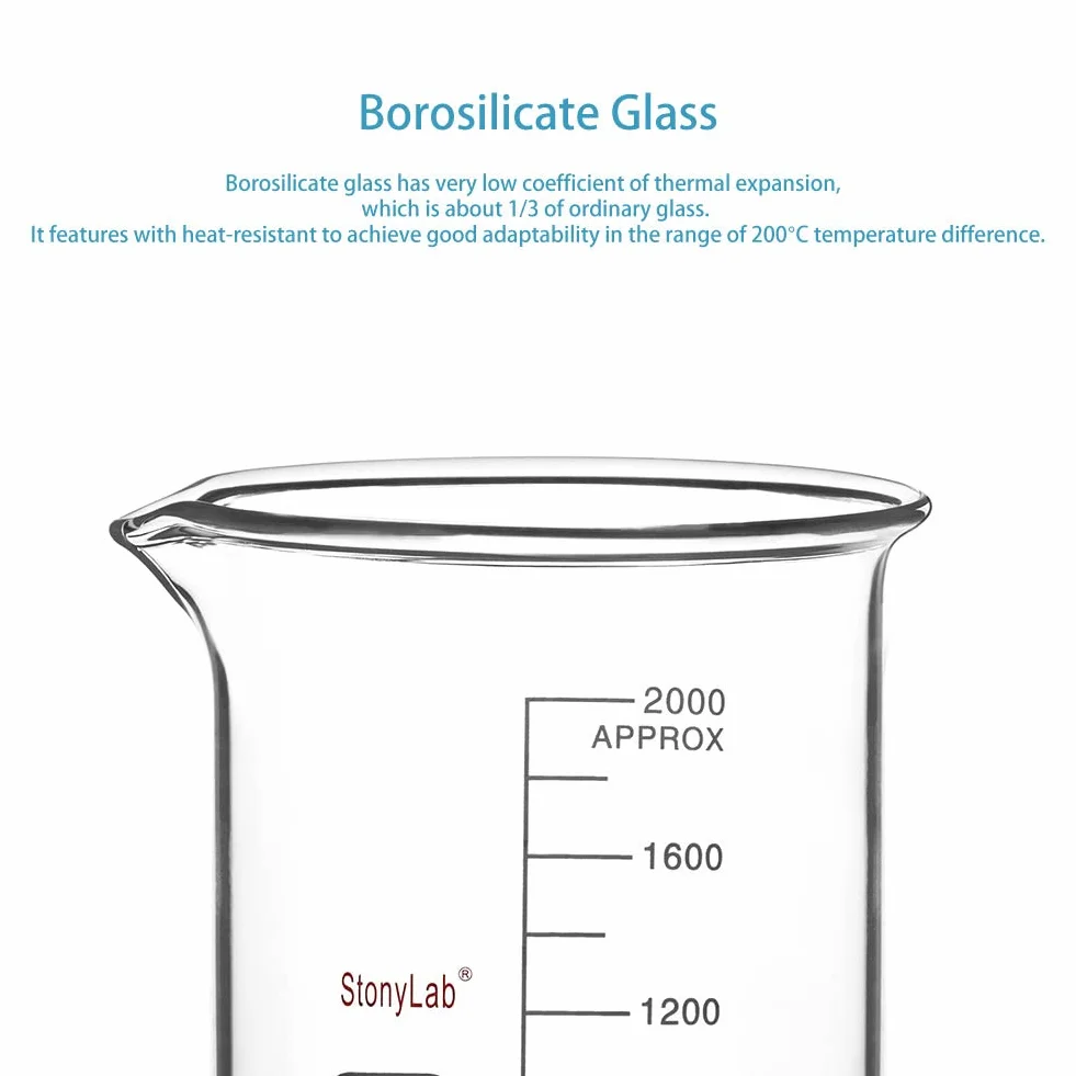 stonylab Szklana Zlewka 1 Opakowanie, Borokrzemianowa Szklana Miarowa Zlewka Niska Griffina z Wylewem, 2000 ml