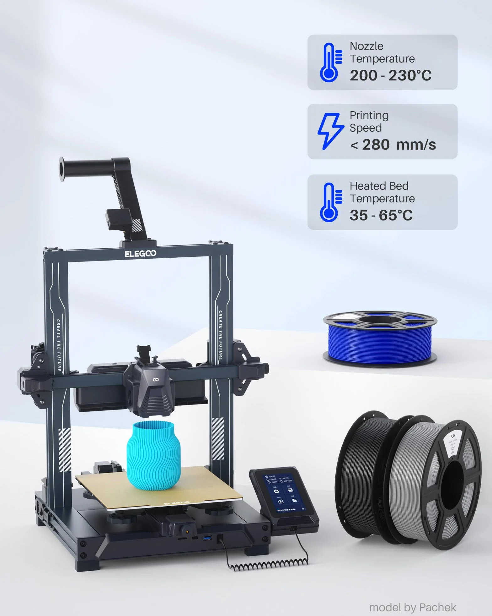 ELEGOO PLA+ filament 1,75 mm biały 2 kg dokładność +/- 0,02 mm do drukarek 3D