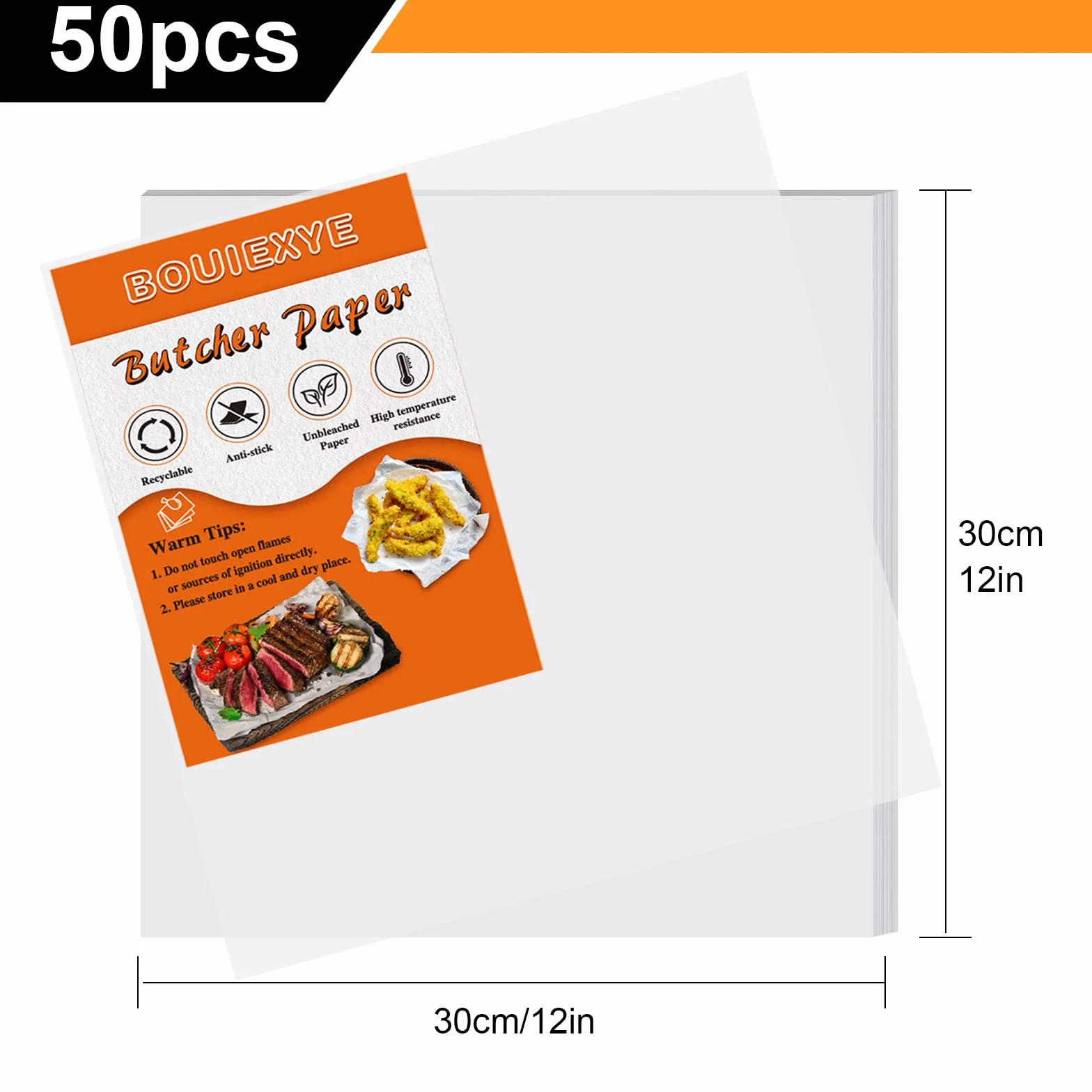50 sztuk białego papieru rzeźniczego Jednorazowe arkusze papieru rzeźniczego, 30 x 30 cm, kwadratowy arkusz do mięsa wstępnie cięty papier rzeźniczy bez wosku, papier do pakowania mięsa, sublimacji ciepła