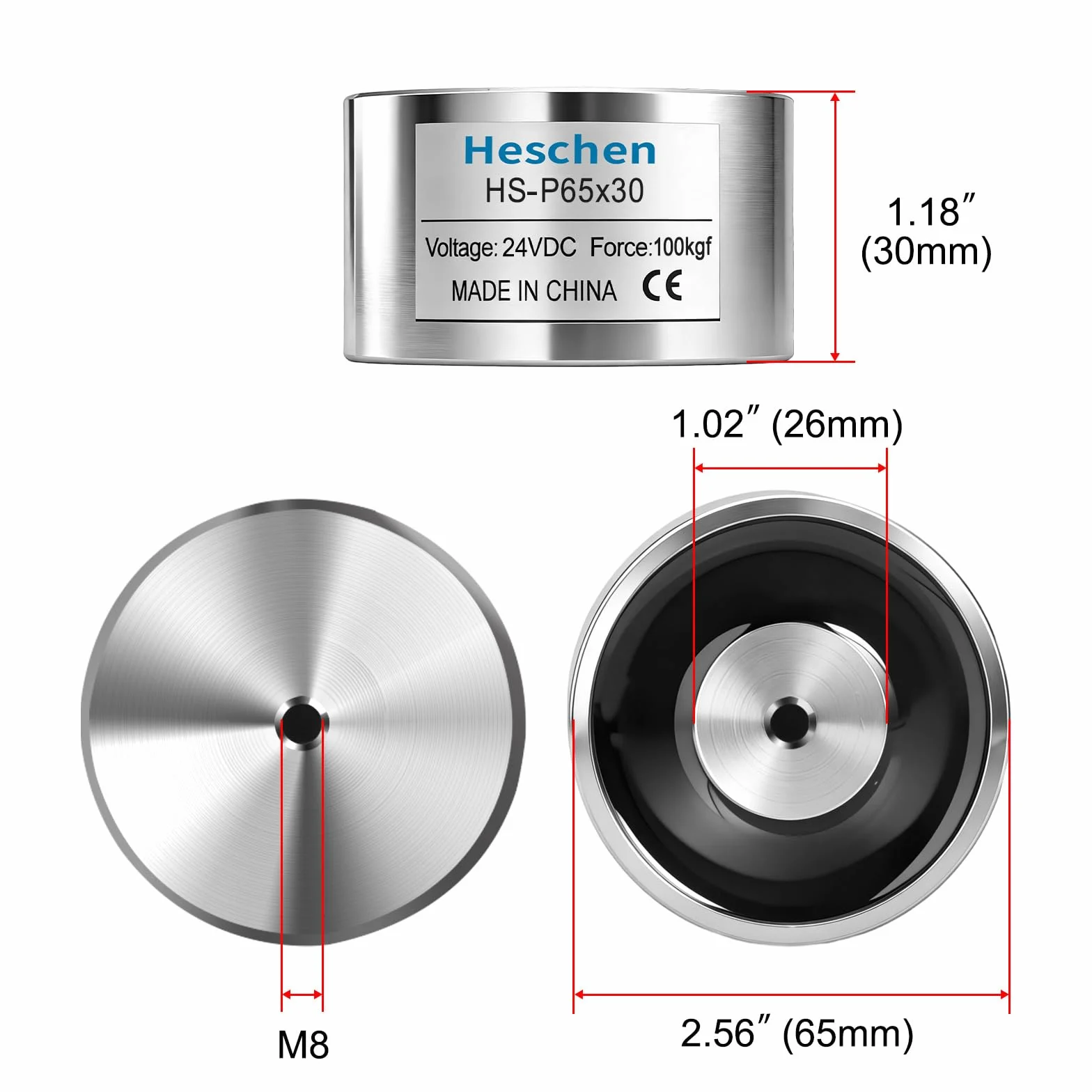 Heschen elektromagnes elektromagnetyczny elektromagnetyczny P65/30, OD: 65 mm, DC 24 V, 80 kg / 176 funtów