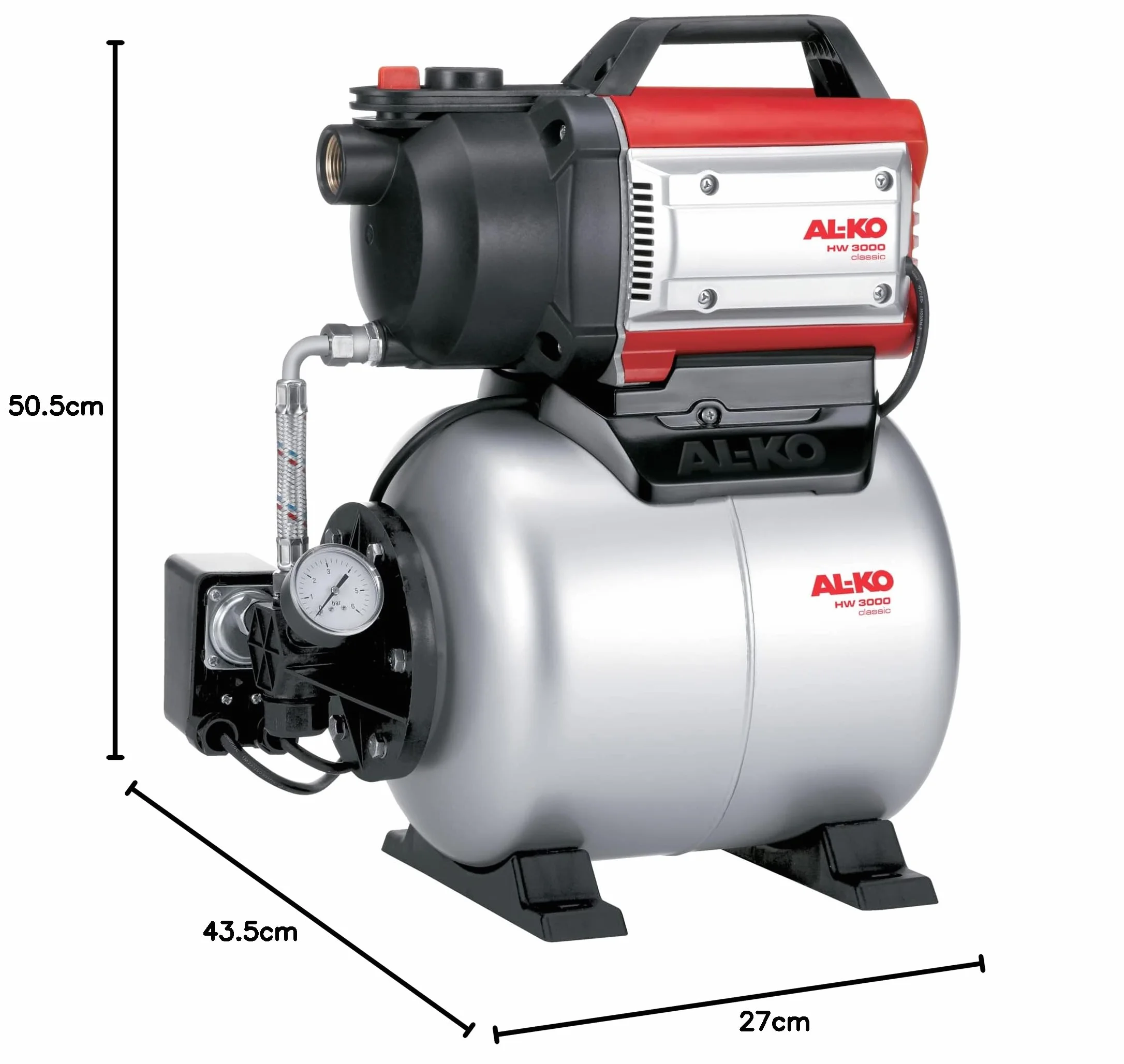AL-KO Hydrofor HW 3000 Classic, moc silnika 650 W, maks. wydajność tłoczenia 3100 l/h, maks. wysokość tłoczenia 35 m, 1-stopniowy napęd pompy, czerwono-szaro-czarny