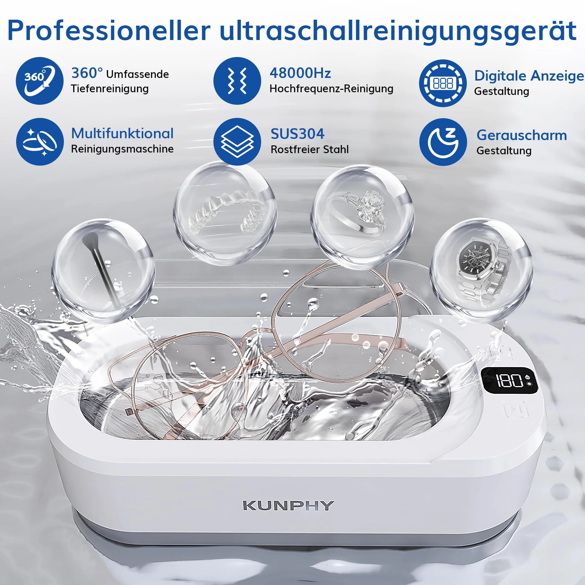 Kunphy Ultradźwiękowe urządzenie do czyszczenia okularów, 48000 Hz, 350 ml, z cyfrowym timerem, ultradźwiękowe urządzenie do czyszczenia okularów, biżuterii, szyn zębowych, monet