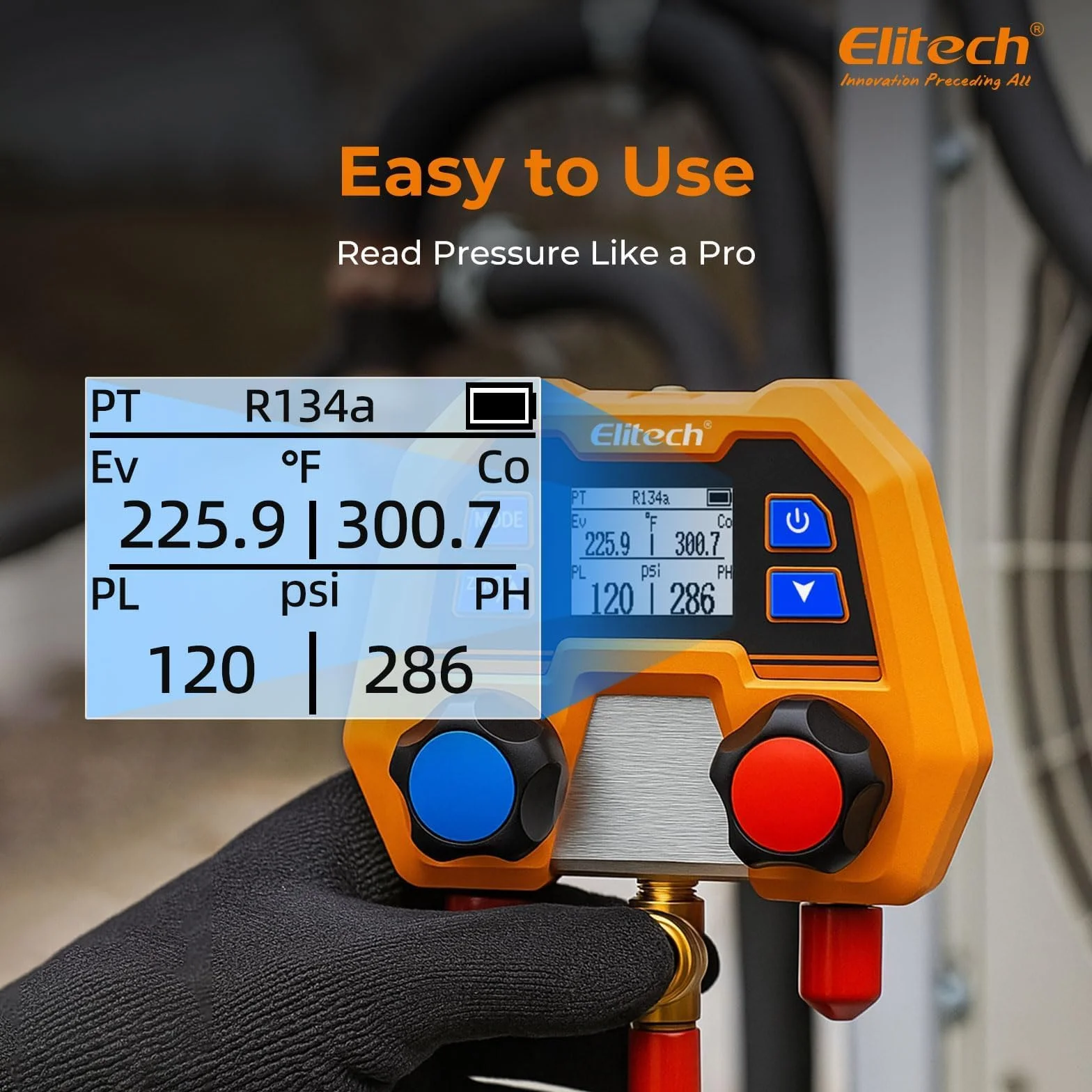 Elitech Manometr czynnika chłodniczego 600 psi/41 bar ± 1% dokładności, 88 rodzajów czynników chłodniczych i pomiar ciśnienia/temperatury, ochrona IP54 dla systemów klimatyzacji